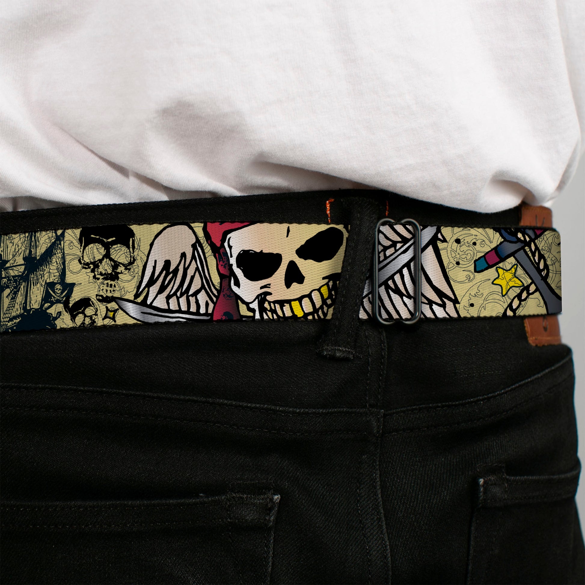 BD Wings Logo CLOSE-UP Full Color Black Silver Seatbelt Belt - Dead Men Tell No Tales Tan Webbing Seatbelt Belts Buckle-Down