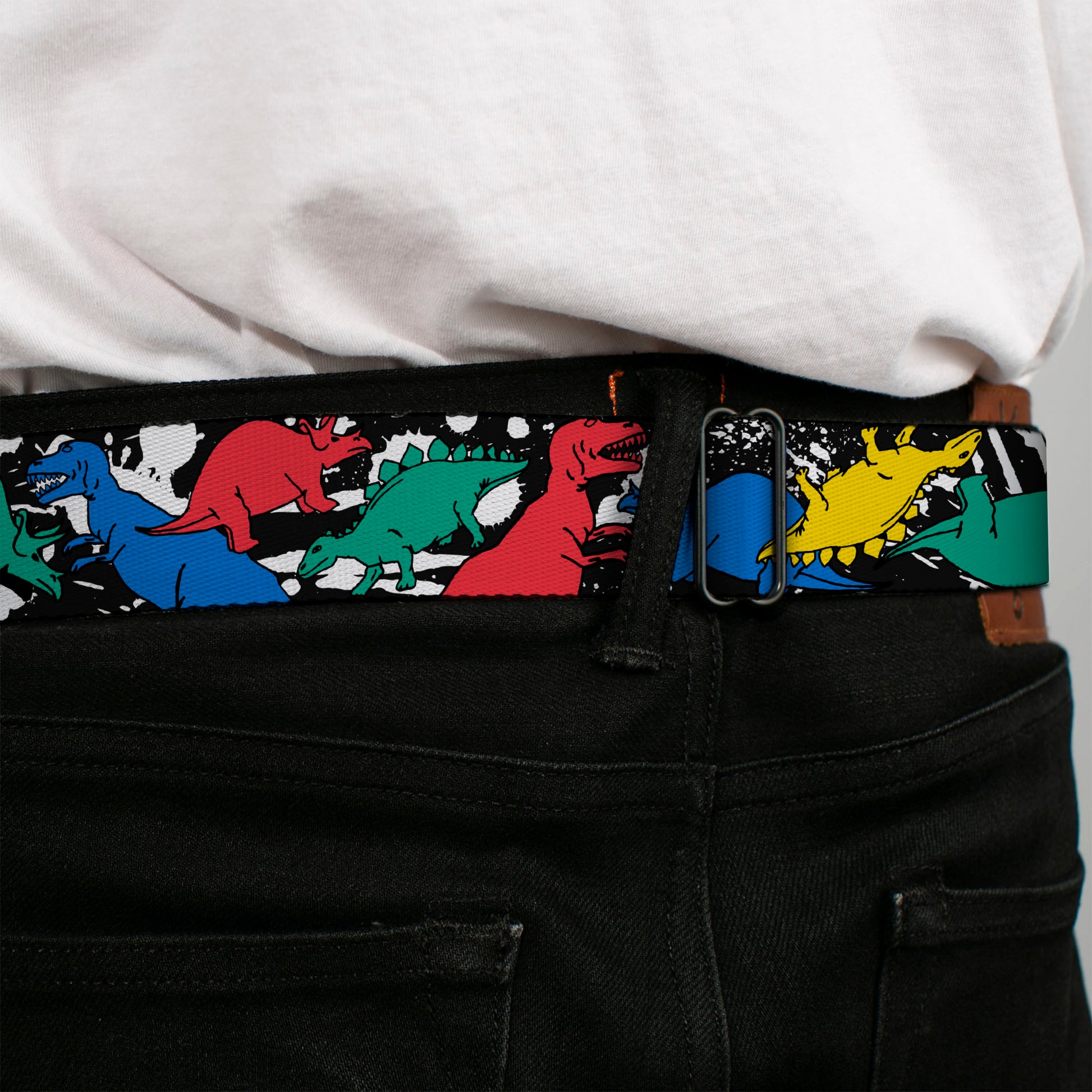 BD Wings Logo CLOSE-UP Full Color Black Silver Seatbelt Belt - Dinosaurs/Paint Splatter Black/White/Multi Color Webbing Seatbelt Belts Buckle-Down