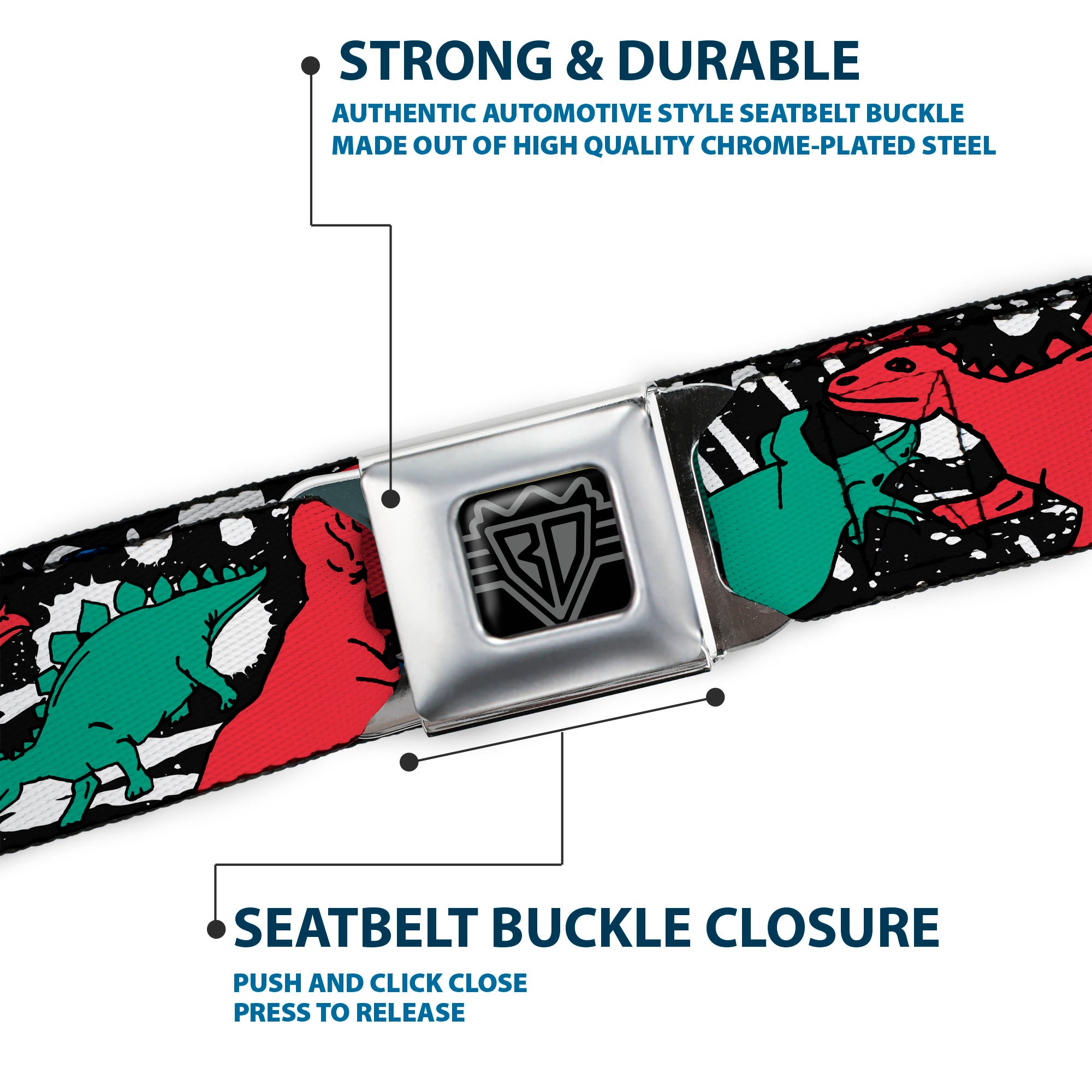 BD Wings Logo CLOSE-UP Full Color Black Silver Seatbelt Belt - Dinosaurs/Paint Splatter Black/White/Multi Color Webbing Seatbelt Belts Buckle-Down