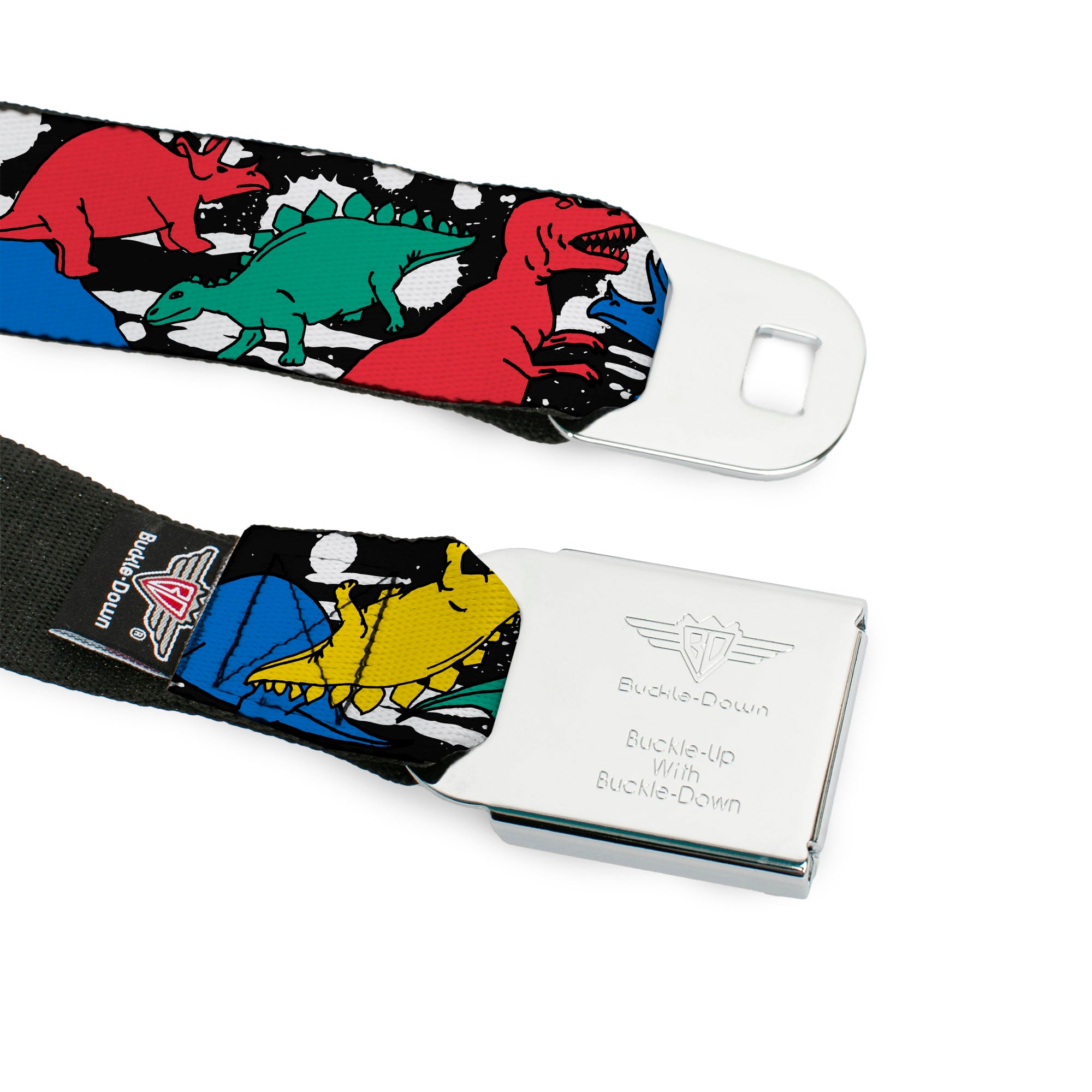 BD Wings Logo CLOSE-UP Full Color Black Silver Seatbelt Belt - Dinosaurs/Paint Splatter Black/White/Multi Color Webbing Seatbelt Belts Buckle-Down