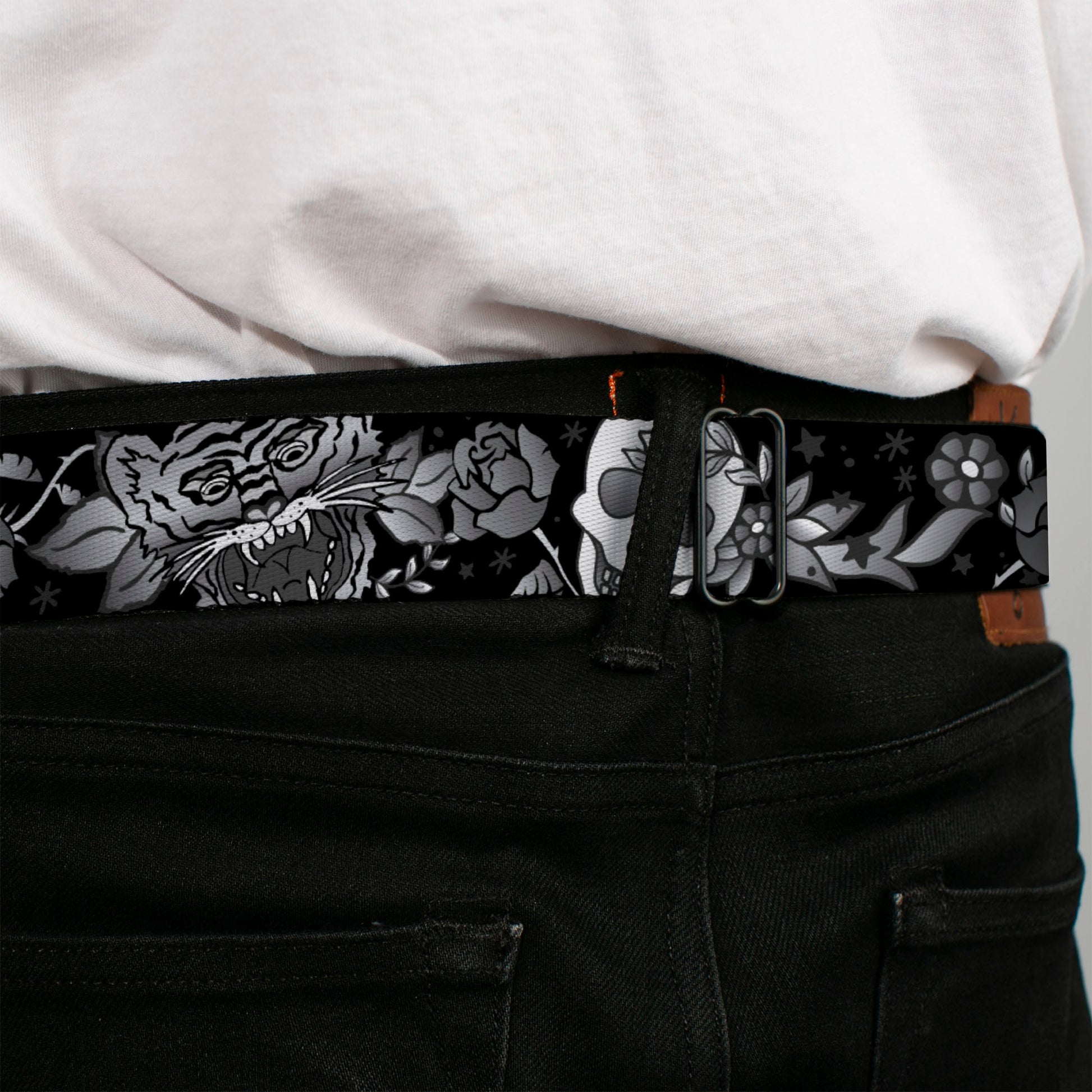 BD Wings Logo CLOSE-UP Full Color Black Silver Seatbelt Belt - Death Before Dishonor Black/White Webbing Seatbelt Belts Buckle-Down