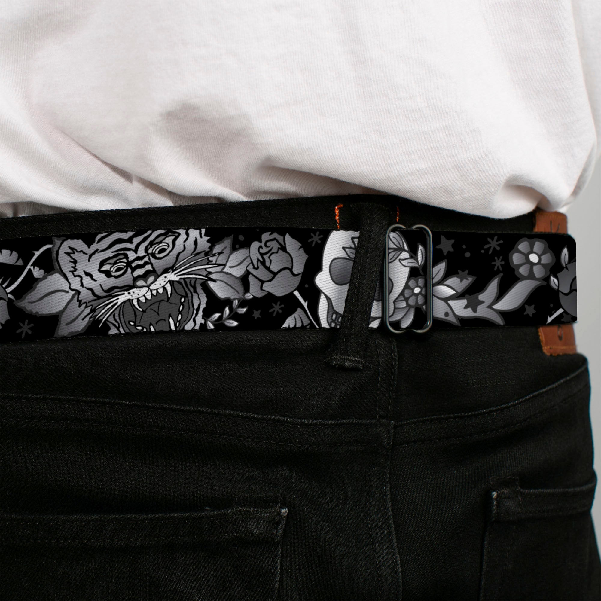 BD Wings Logo CLOSE-UP Full Color Black Silver Seatbelt Belt - Death Before Dishonor Black/White Webbing Seatbelt Belts Buckle-Down