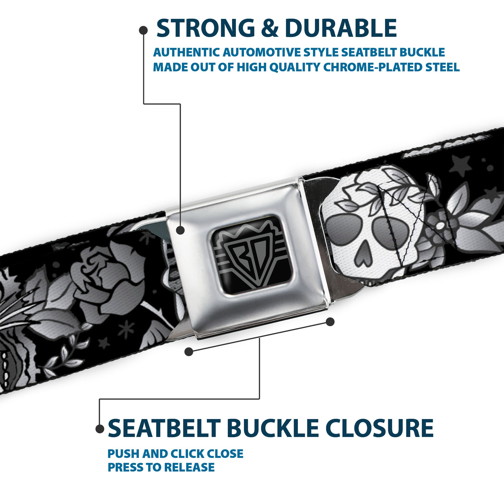 BD Wings Logo CLOSE-UP Full Color Black Silver Seatbelt Belt - Death Before Dishonor Black/White Webbing Seatbelt Belts Buckle-Down