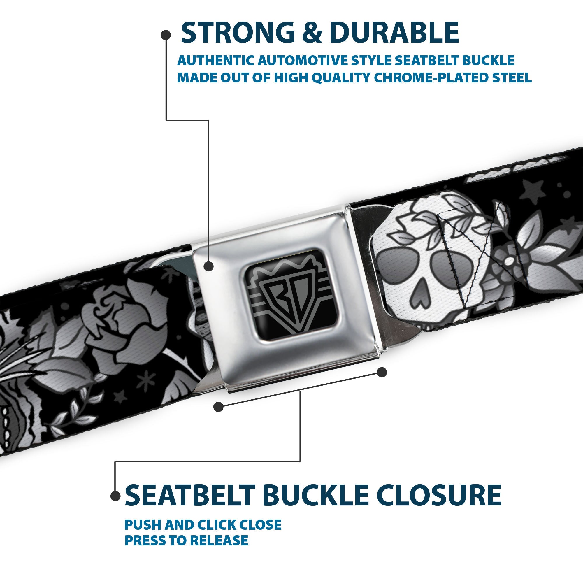 BD Wings Logo CLOSE-UP Full Color Black Silver Seatbelt Belt - Death Before Dishonor Black/White Webbing Seatbelt Belts Buckle-Down