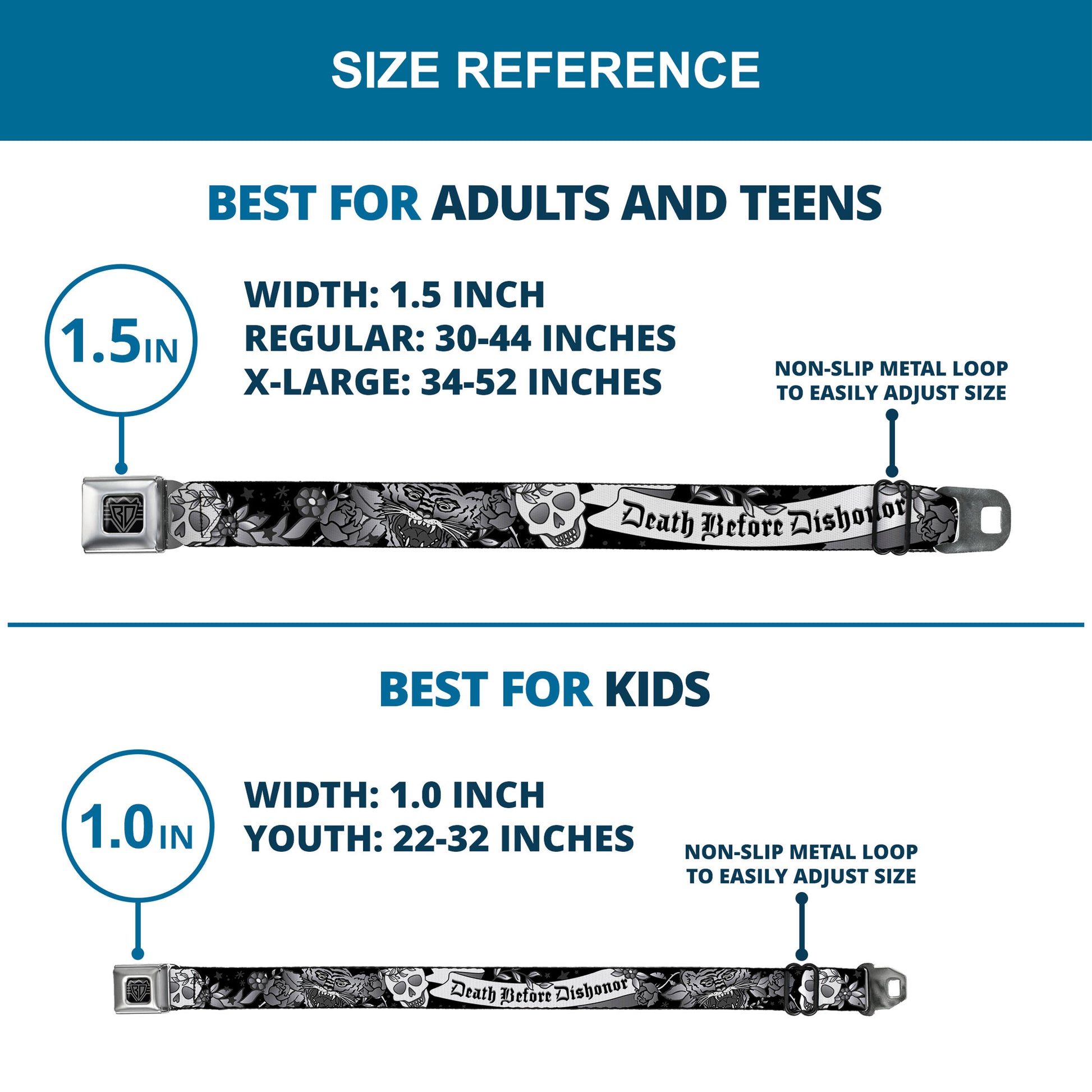 BD Wings Logo CLOSE-UP Full Color Black Silver Seatbelt Belt - Death Before Dishonor Black/White Webbing Seatbelt Belts Buckle-Down