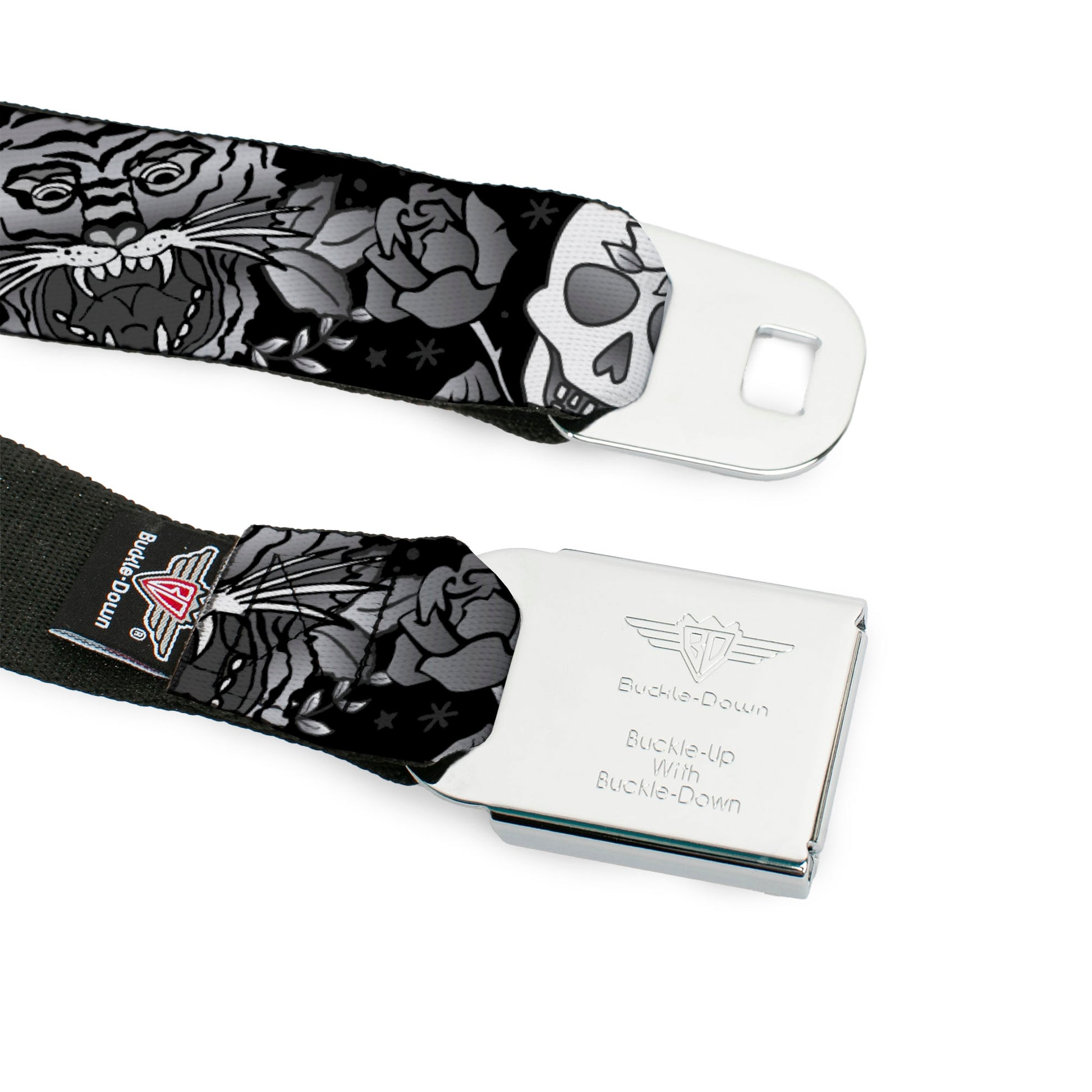 BD Wings Logo CLOSE-UP Full Color Black Silver Seatbelt Belt - Death Before Dishonor Black/White Webbing Seatbelt Belts Buckle-Down
