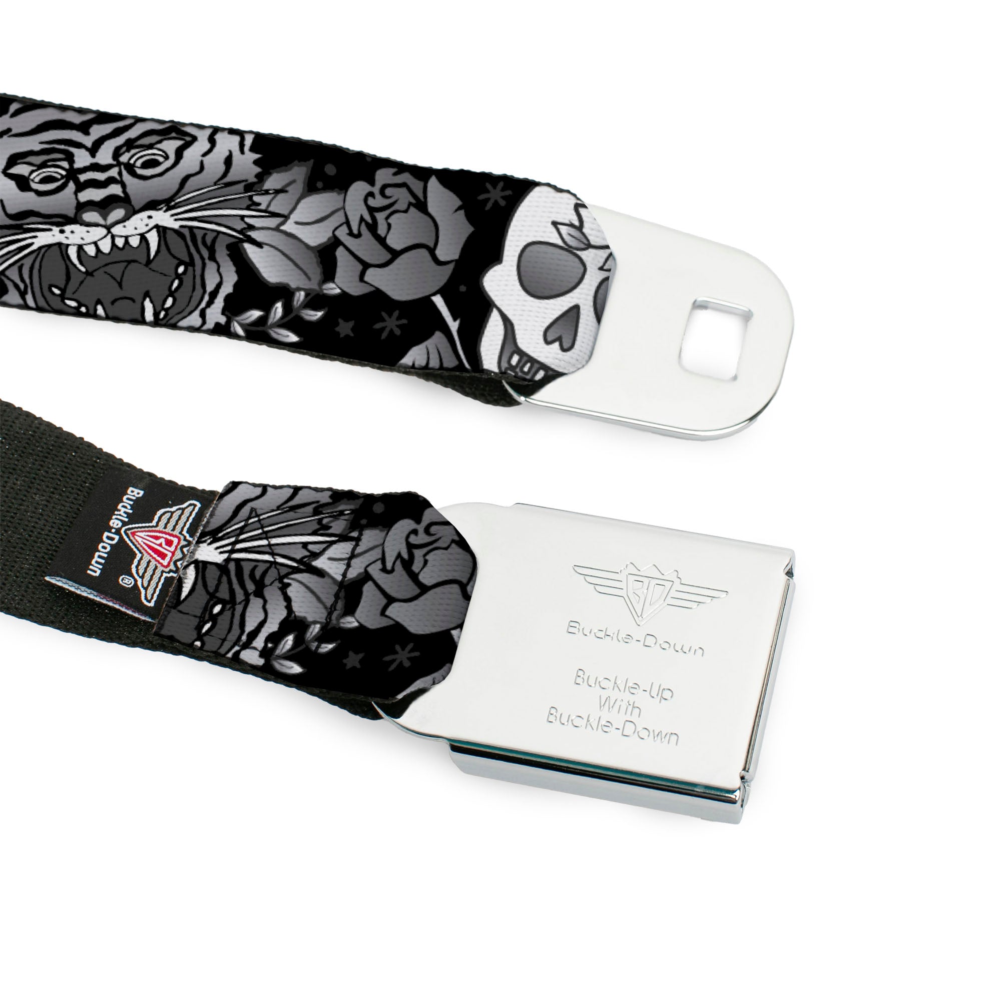BD Wings Logo CLOSE-UP Full Color Black Silver Seatbelt Belt - Death Before Dishonor Black/White Webbing Seatbelt Belts Buckle-Down
