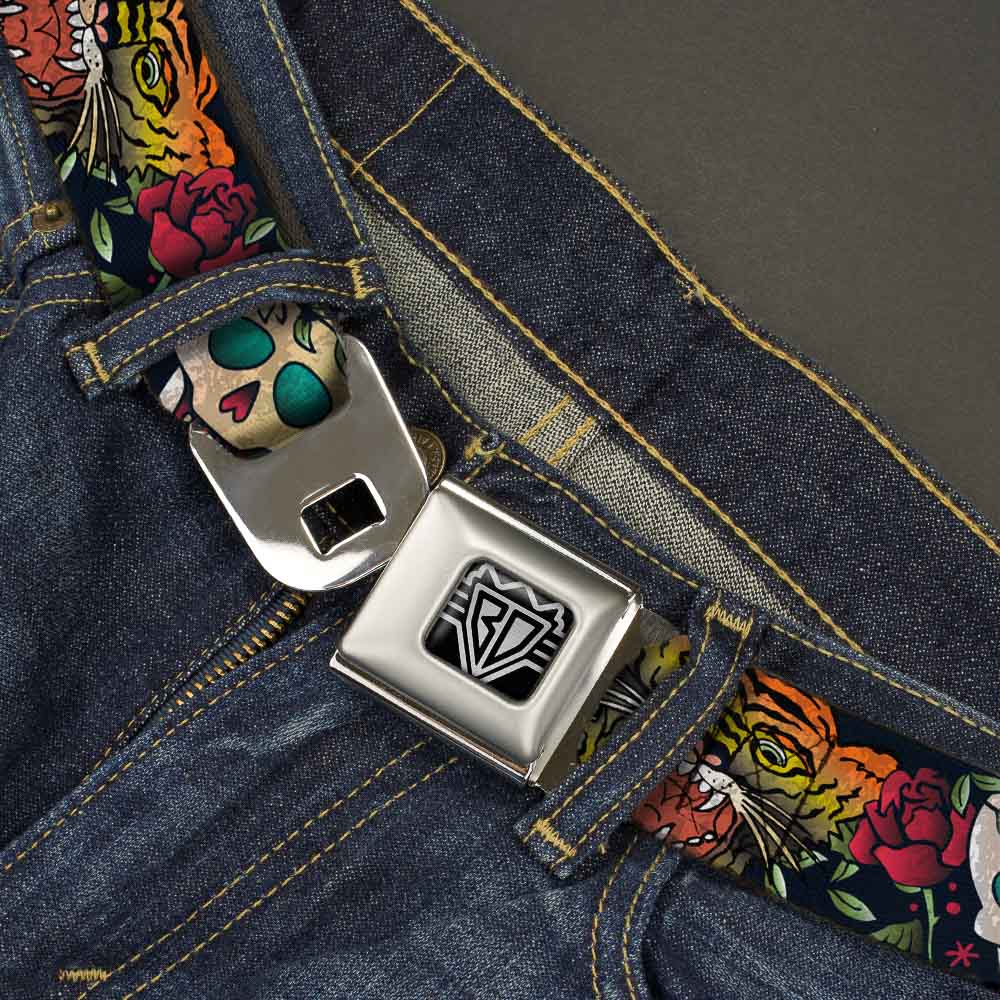 BD Wings Logo CLOSE-UP Full Color Black Silver Seatbelt Belt - Death Before Dishonor CLOSE-UP Black Webbing Seatbelt Belts Buckle-Down