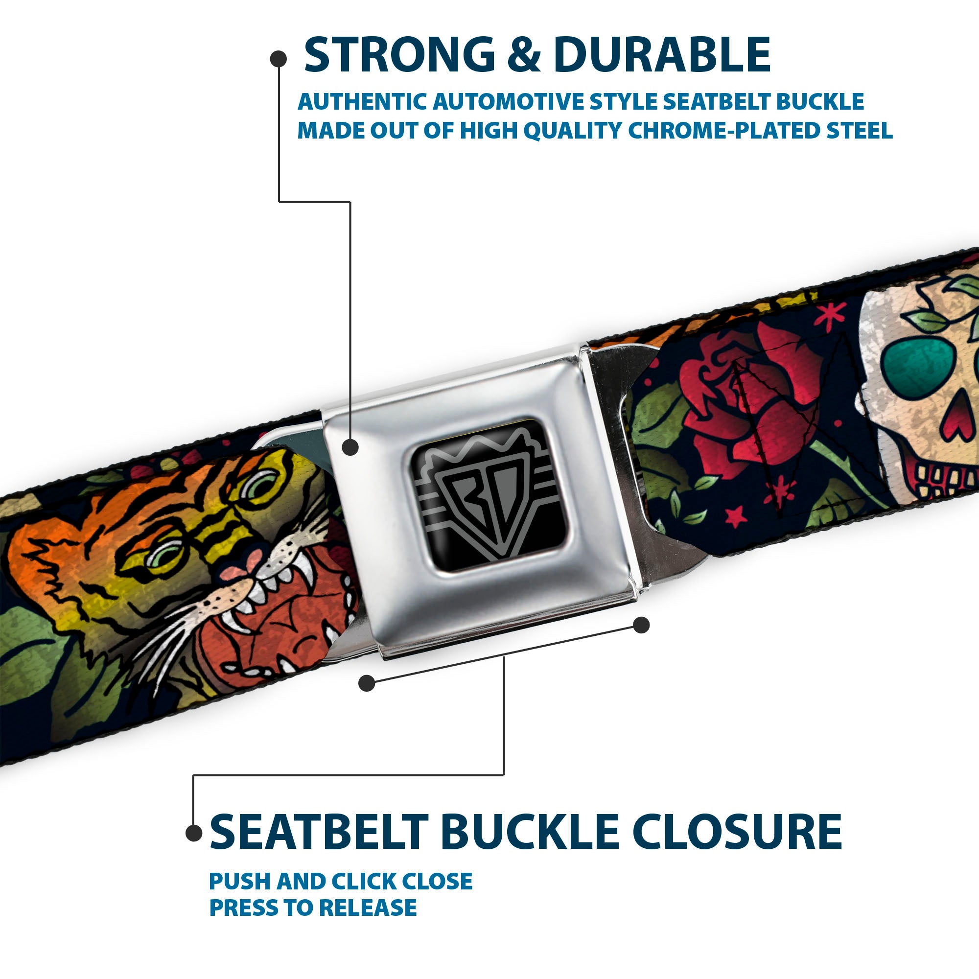BD Wings Logo CLOSE-UP Full Color Black Silver Seatbelt Belt - Death Before Dishonor CLOSE-UP Black Webbing Seatbelt Belts Buckle-Down