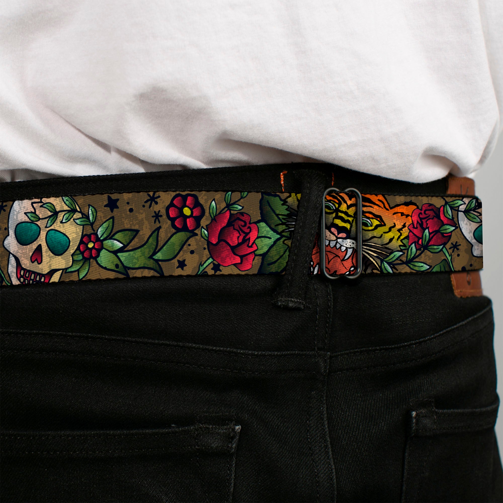 BD Wings Logo CLOSE-UP Full Color Black Silver Seatbelt Belt - Death Before Dishonor CLOSE-UP Olive Webbing Seatbelt Belts Buckle-Down