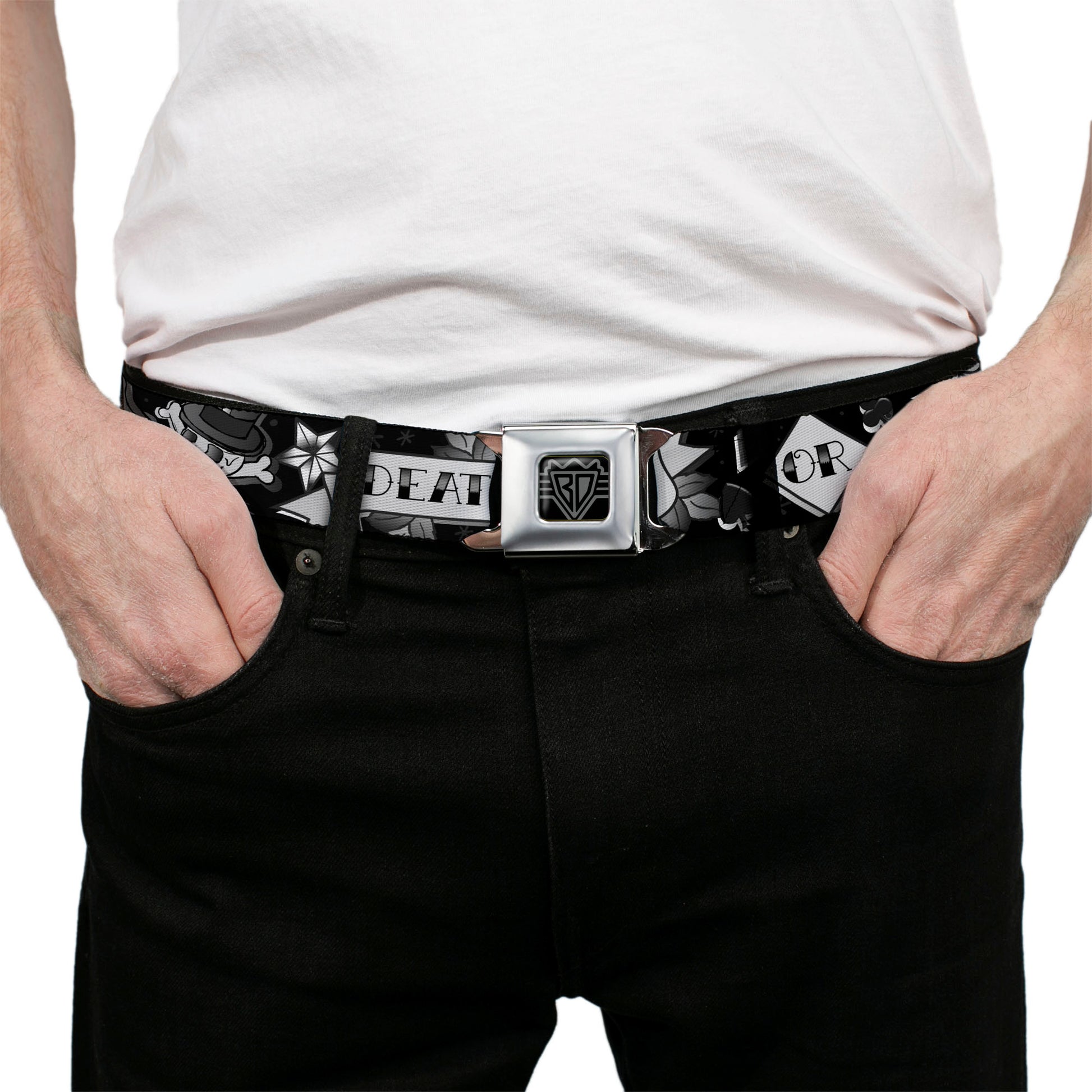 BD Wings Logo CLOSE-UP Full Color Black Silver Seatbelt Belt - Death or Glory Black/White Webbing Seatbelt Belts Buckle-Down