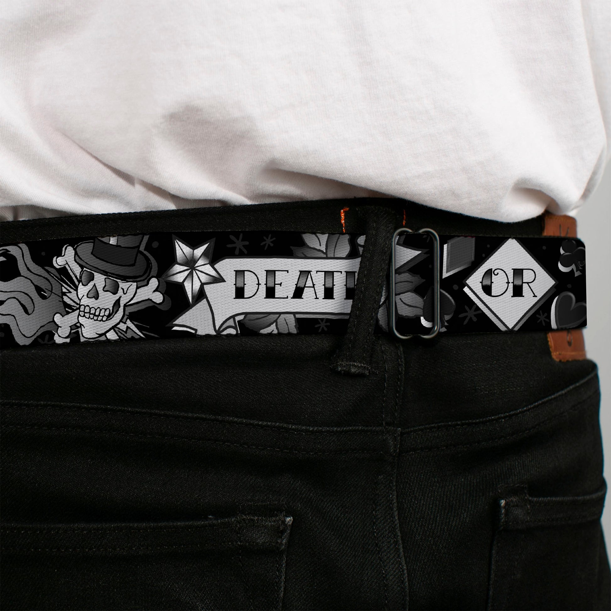 BD Wings Logo CLOSE-UP Full Color Black Silver Seatbelt Belt - Death or Glory Black/White Webbing Seatbelt Belts Buckle-Down