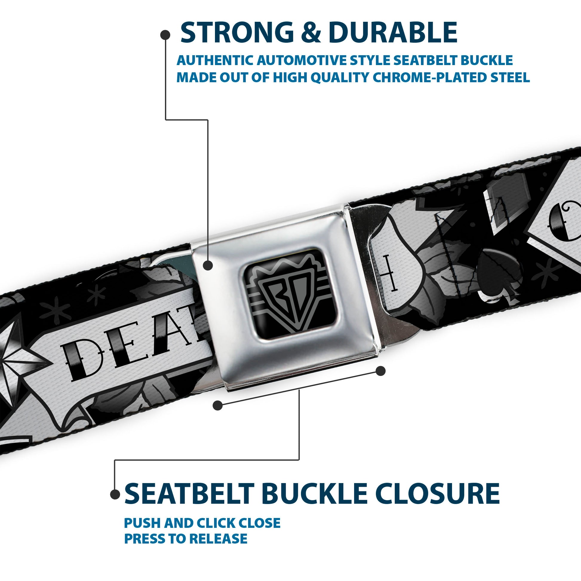 BD Wings Logo CLOSE-UP Full Color Black Silver Seatbelt Belt - Death or Glory Black/White Webbing Seatbelt Belts Buckle-Down