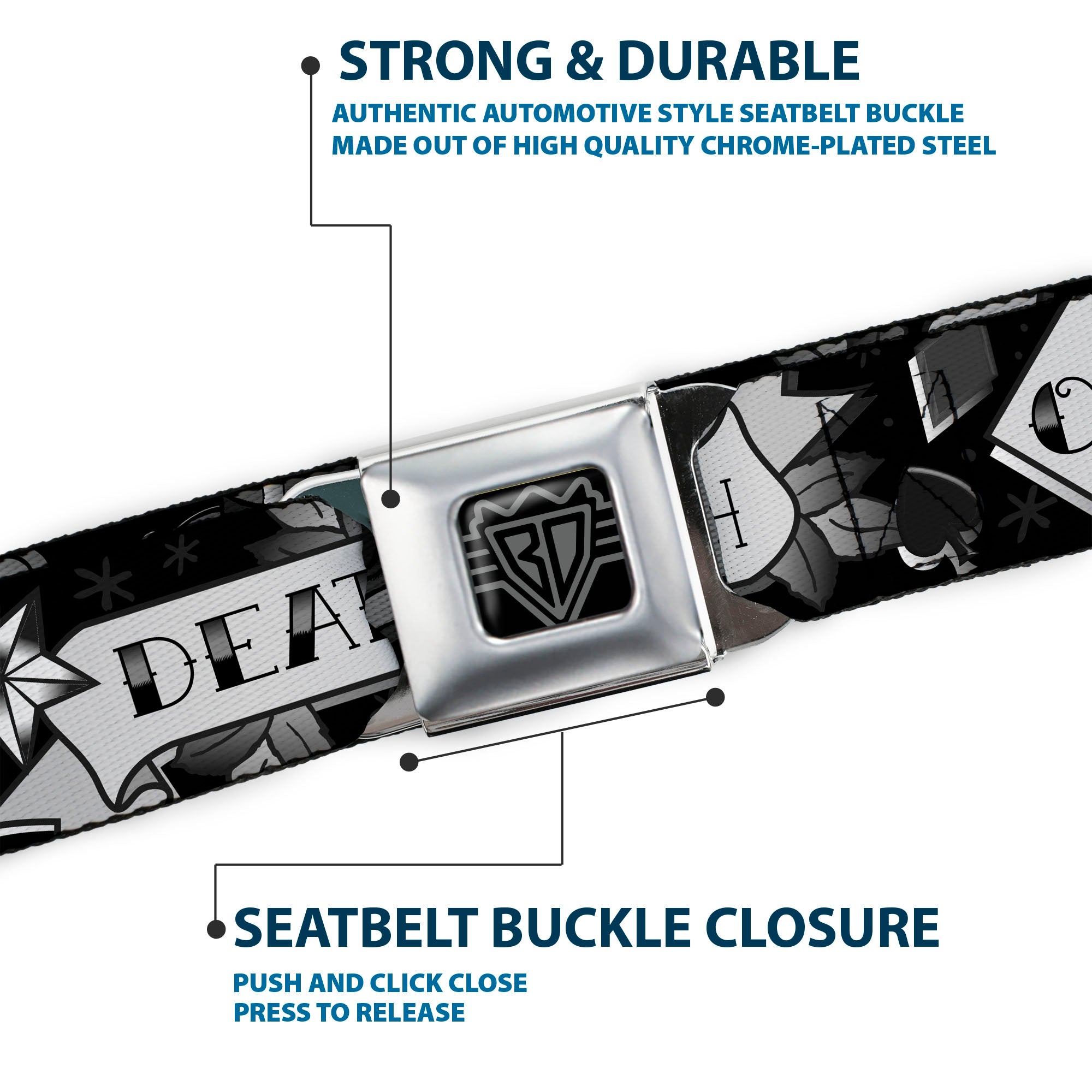 BD Wings Logo CLOSE-UP Full Color Black Silver Seatbelt Belt - Death or Glory Black/White Webbing Seatbelt Belts Buckle-Down