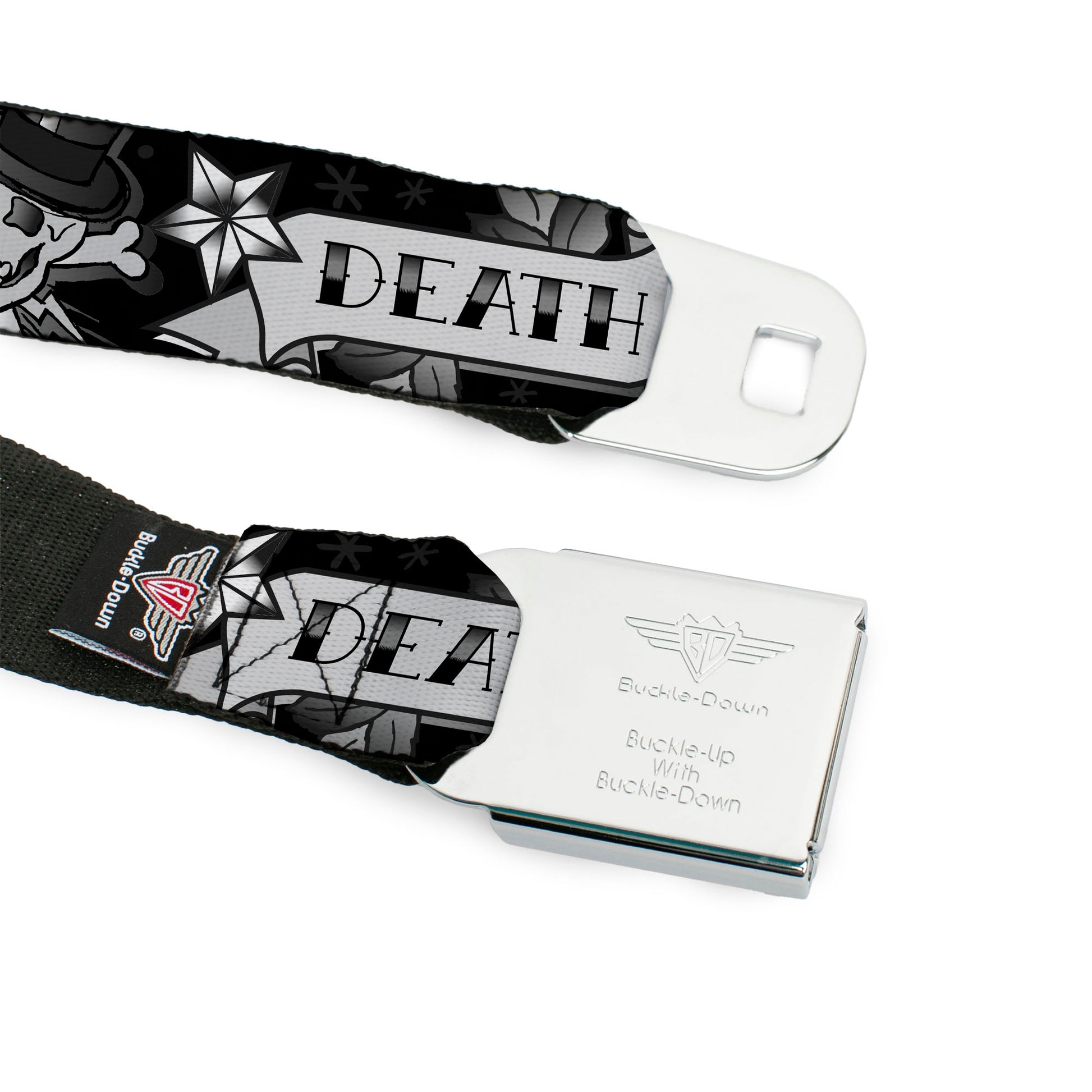 BD Wings Logo CLOSE-UP Full Color Black Silver Seatbelt Belt - Death or Glory Black/White Webbing Seatbelt Belts Buckle-Down