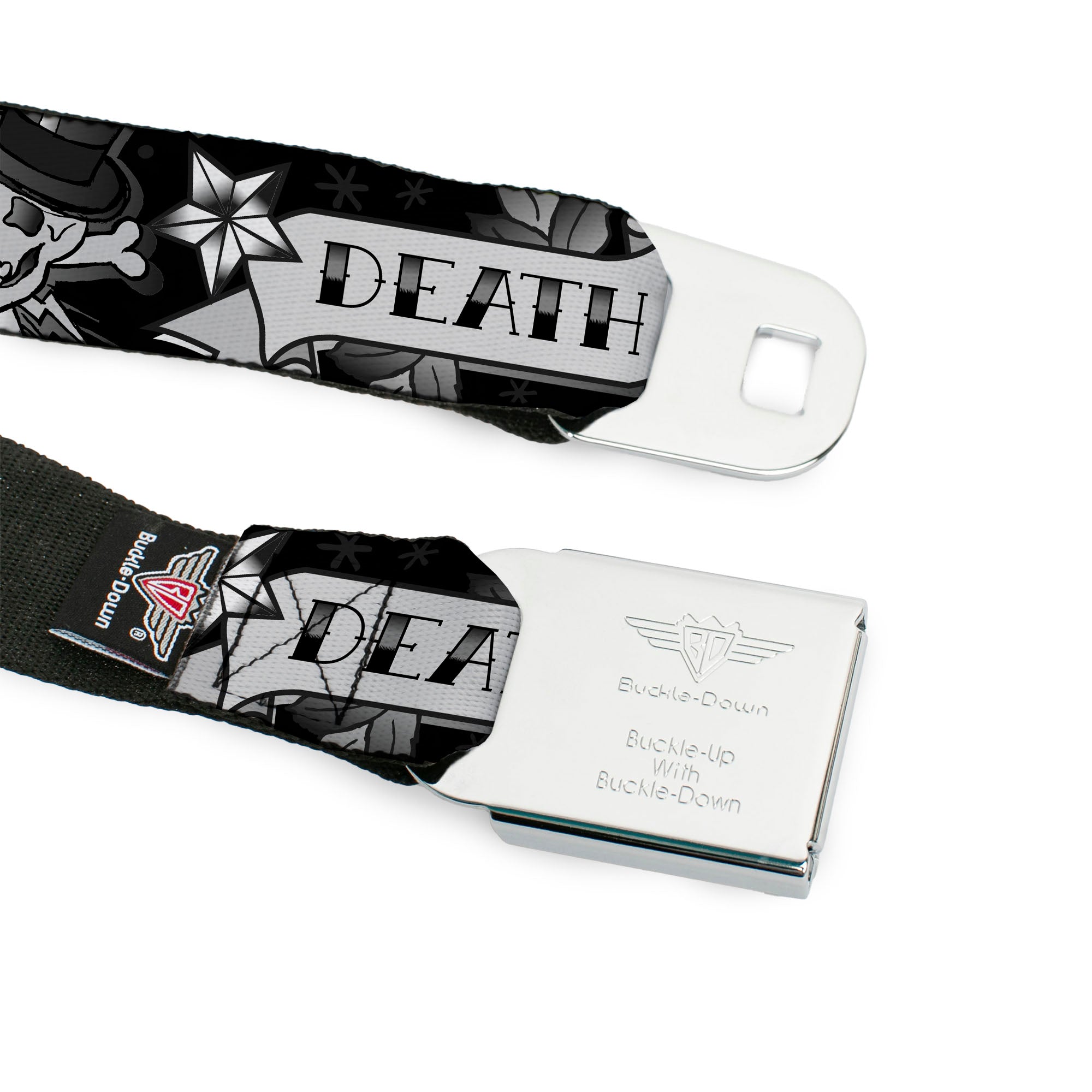 BD Wings Logo CLOSE-UP Full Color Black Silver Seatbelt Belt - Death or Glory Black/White Webbing Seatbelt Belts Buckle-Down