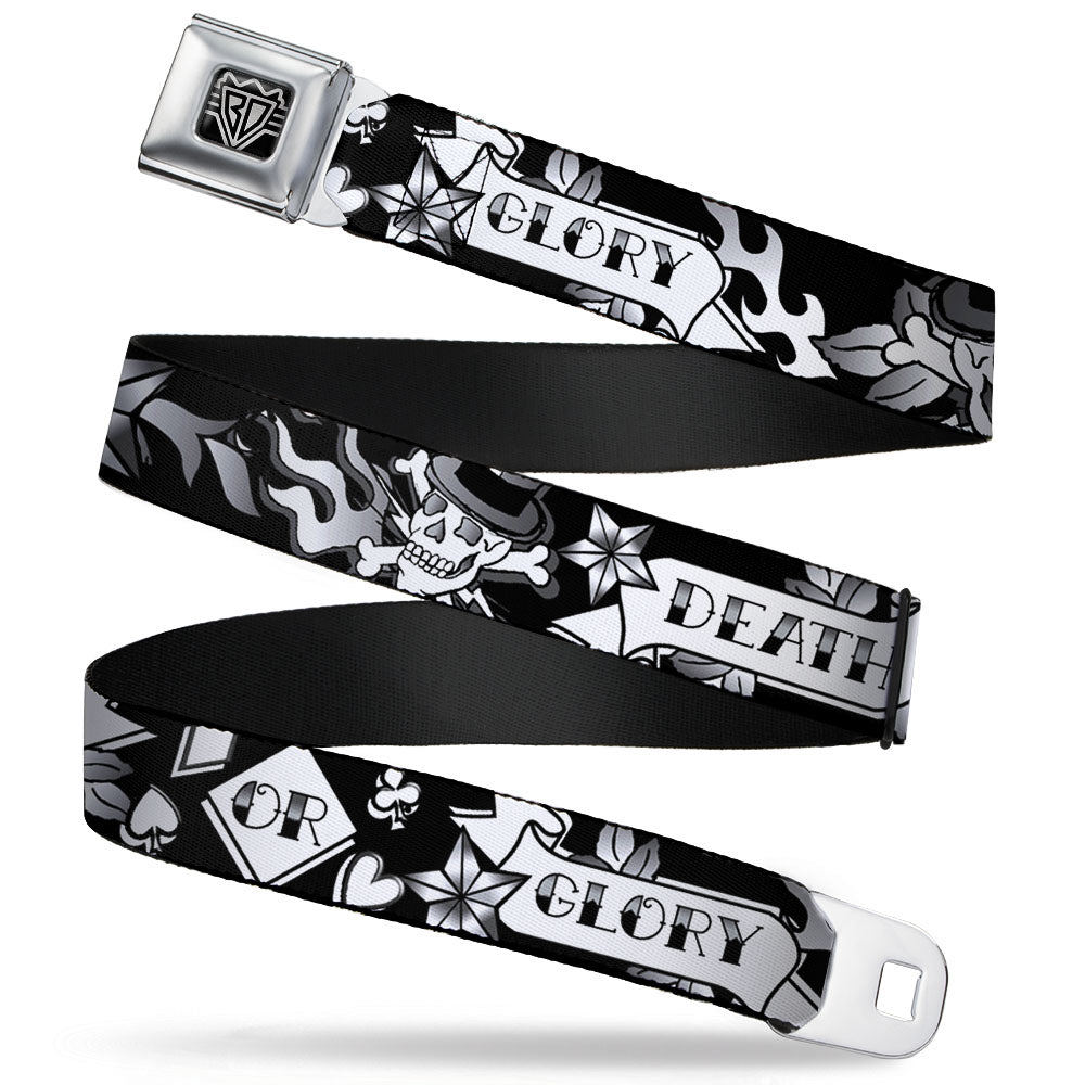 BD Wings Logo CLOSE-UP Full Color Black Silver Seatbelt Belt - Death or Glory Black/White Webbing Seatbelt Belts Buckle-Down