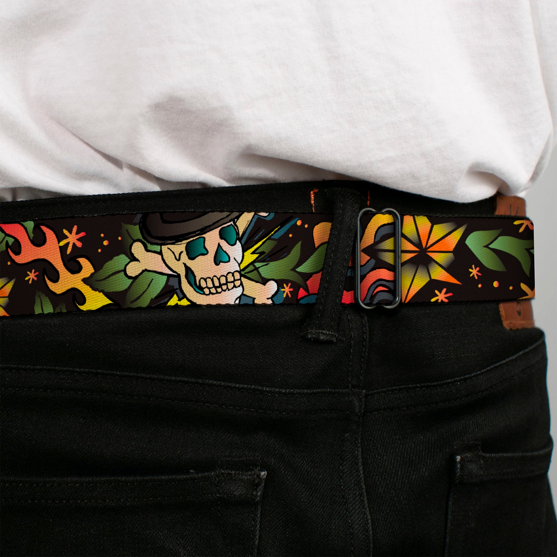 BD Wings Logo CLOSE-UP Full Color Black Silver Seatbelt Belt - Death or Glory CLOSE-UP Black Webbing Seatbelt Belts Buckle-Down