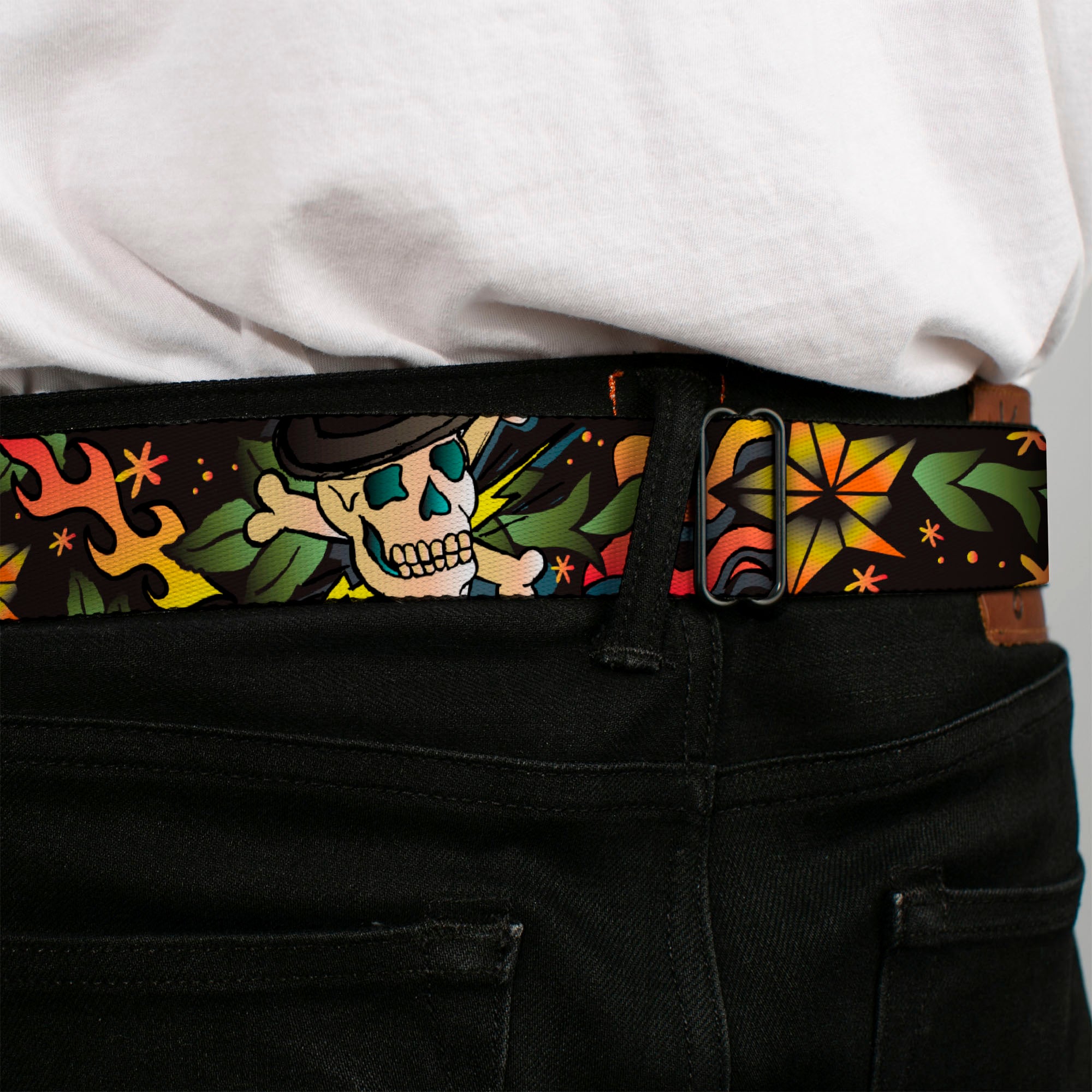 BD Wings Logo CLOSE-UP Full Color Black Silver Seatbelt Belt - Death or Glory CLOSE-UP Black Webbing Seatbelt Belts Buckle-Down