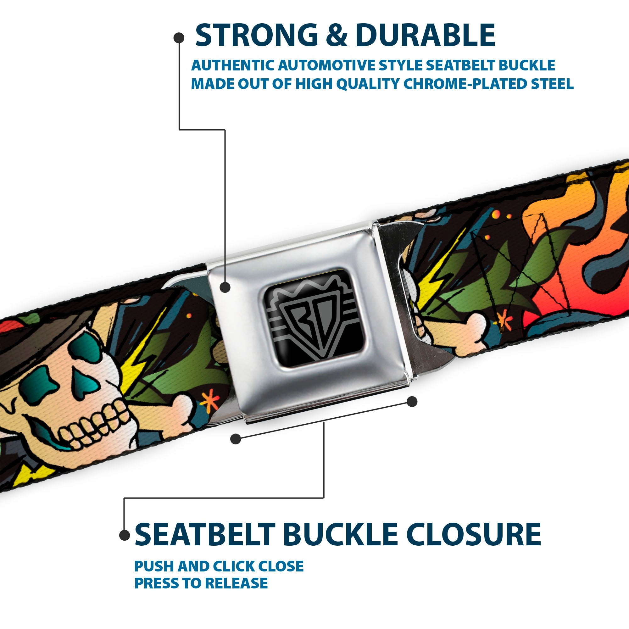 BD Wings Logo CLOSE-UP Full Color Black Silver Seatbelt Belt - Death or Glory CLOSE-UP Black Webbing Seatbelt Belts Buckle-Down