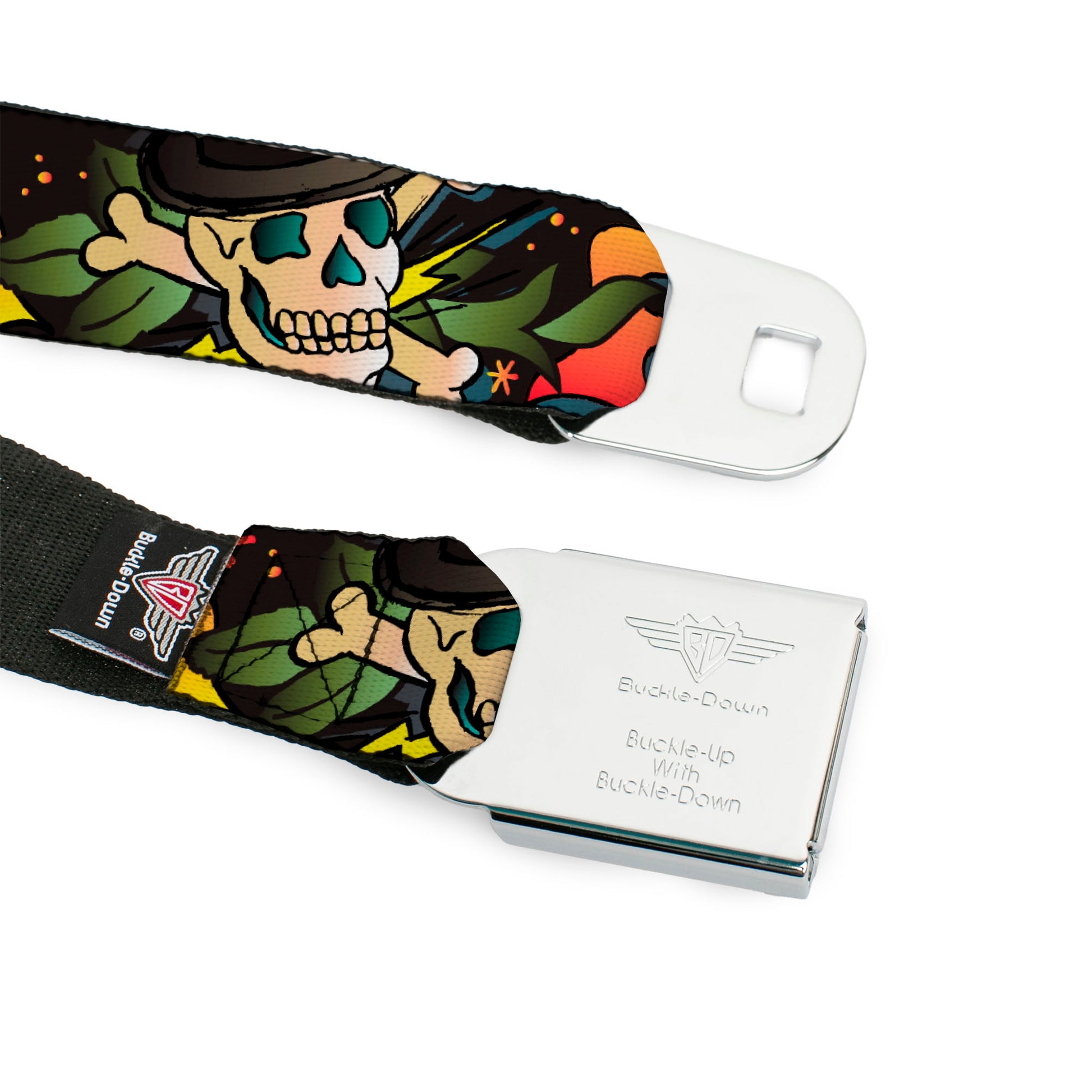 BD Wings Logo CLOSE-UP Full Color Black Silver Seatbelt Belt - Death or Glory CLOSE-UP Black Webbing Seatbelt Belts Buckle-Down