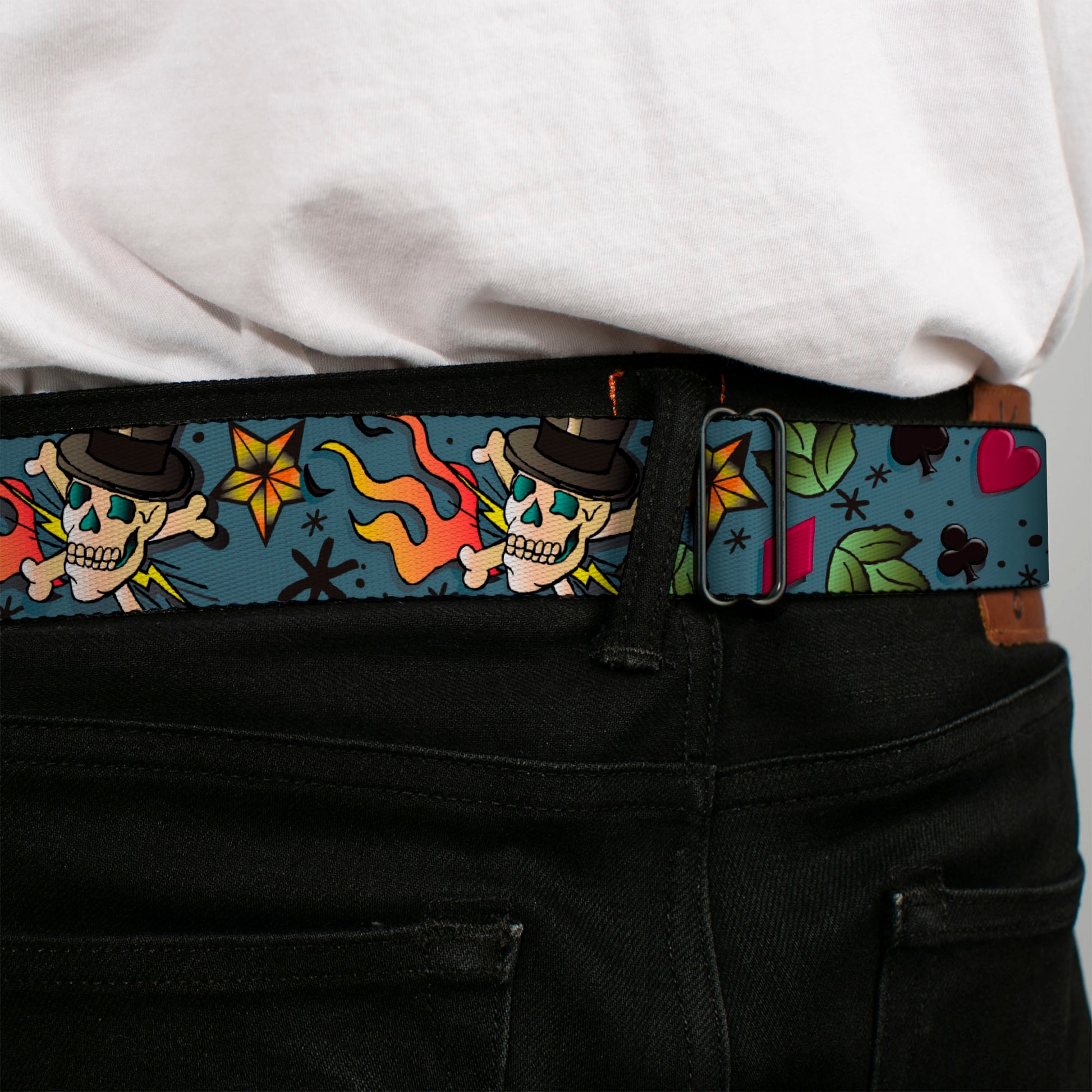 BD Wings Logo CLOSE-UP Full Color Black Silver Seatbelt Belt - Death or Glory CLOSE-UP Gray Webbing Seatbelt Belts Buckle-Down