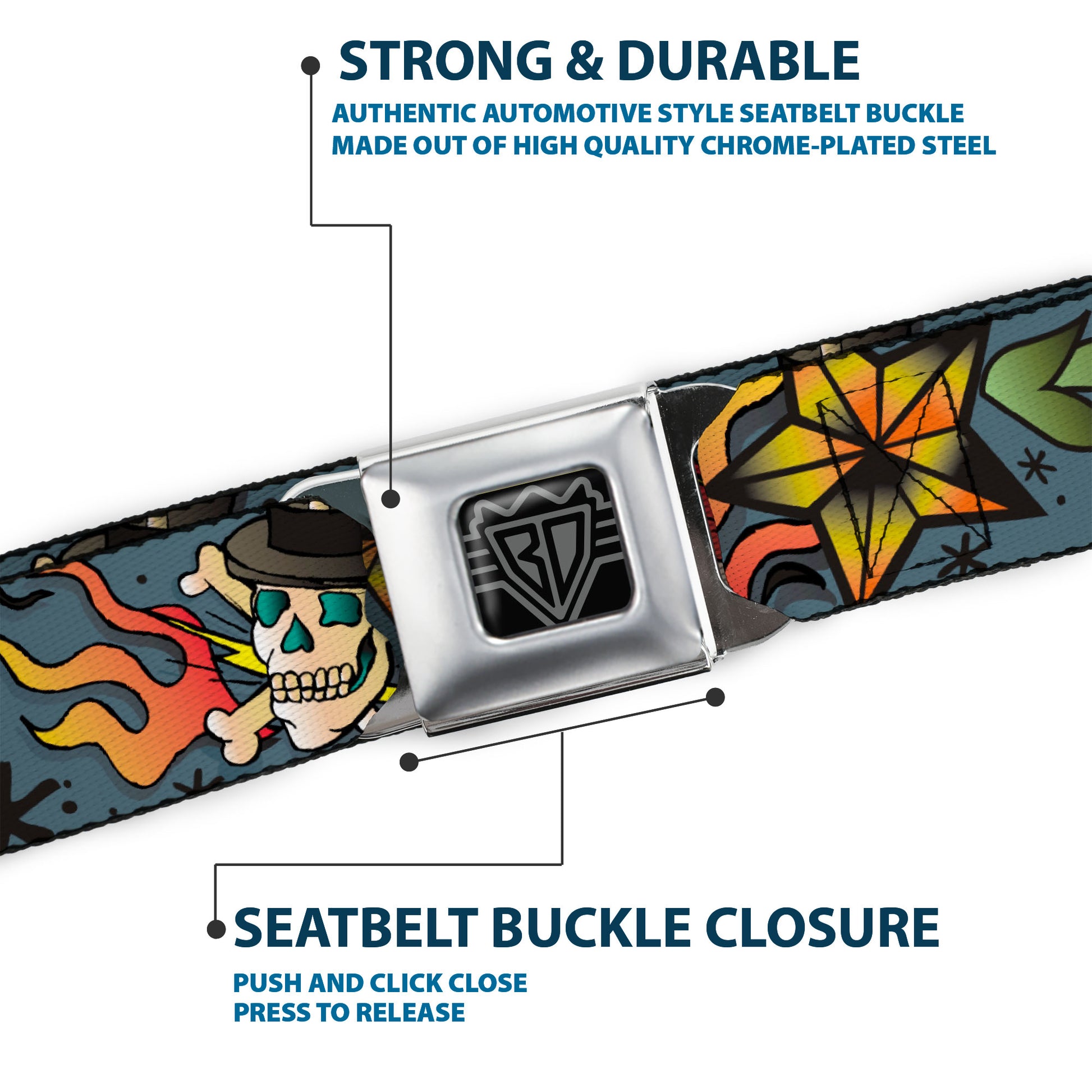 BD Wings Logo CLOSE-UP Full Color Black Silver Seatbelt Belt - Death or Glory CLOSE-UP Gray Webbing Seatbelt Belts Buckle-Down
