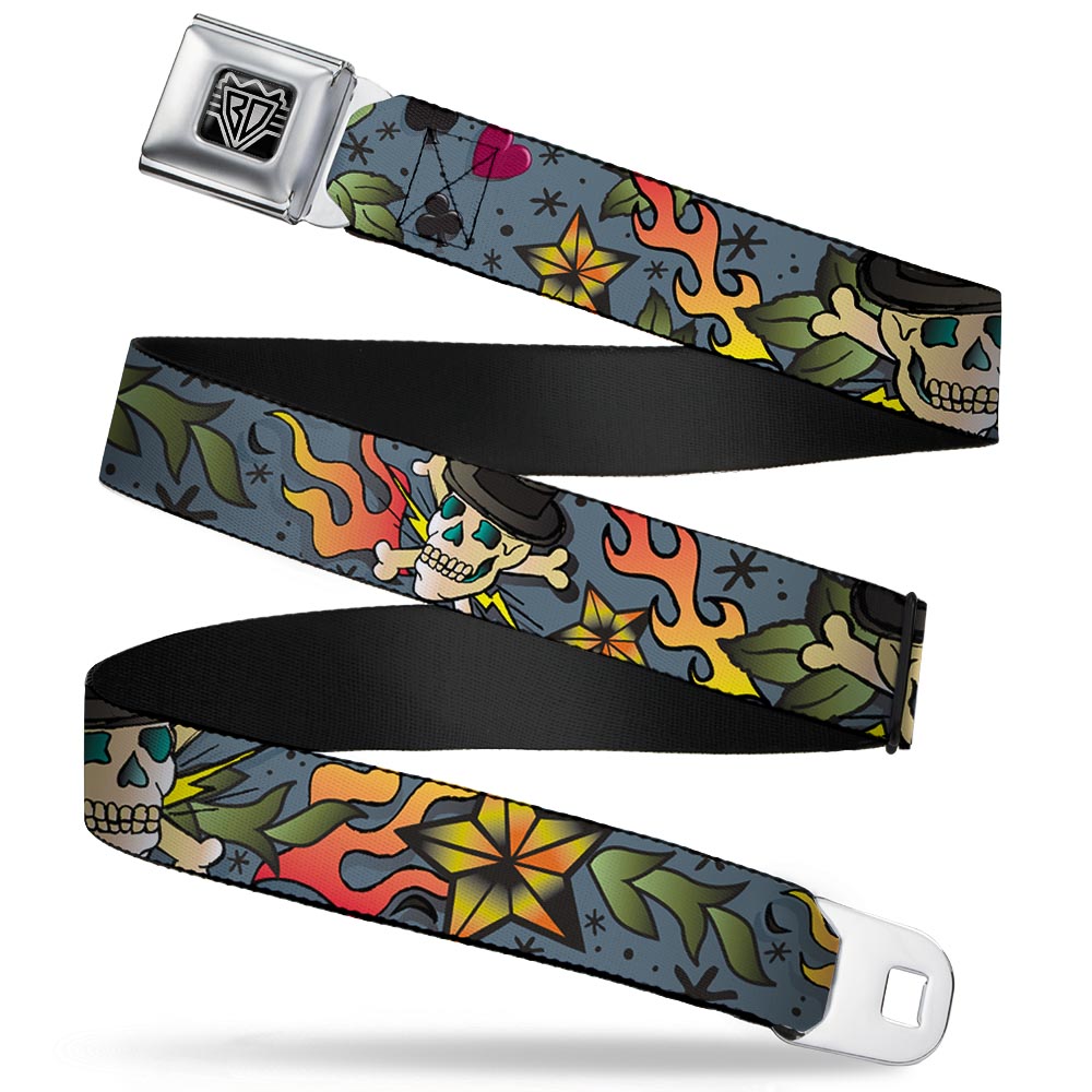 BD Wings Logo CLOSE-UP Full Color Black Silver Seatbelt Belt - Death or Glory CLOSE-UP Gray Webbing Seatbelt Belts Buckle-Down