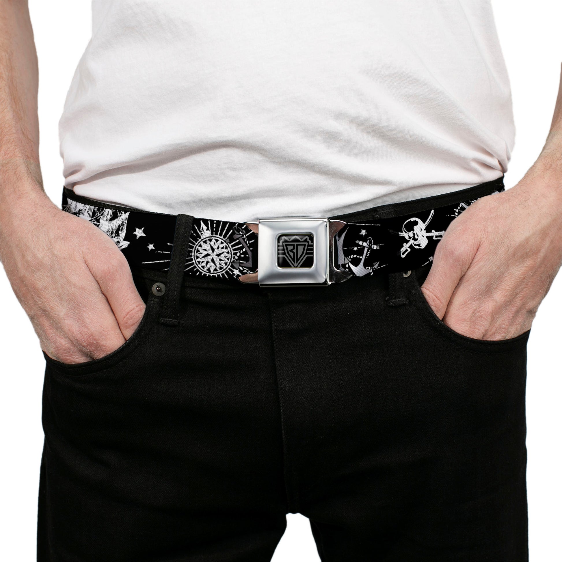 BD Wings Logo CLOSE-UP Full Color Black Silver Seatbelt Belt - Dead Men Tell No Tales Black/White Webbing Seatbelt Belts Buckle-Down