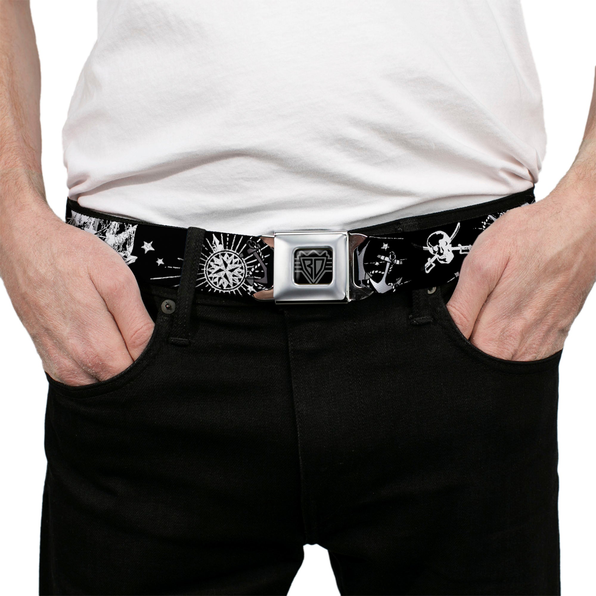 BD Wings Logo CLOSE-UP Full Color Black Silver Seatbelt Belt - Dead Men Tell No Tales Black/White Webbing Seatbelt Belts Buckle-Down