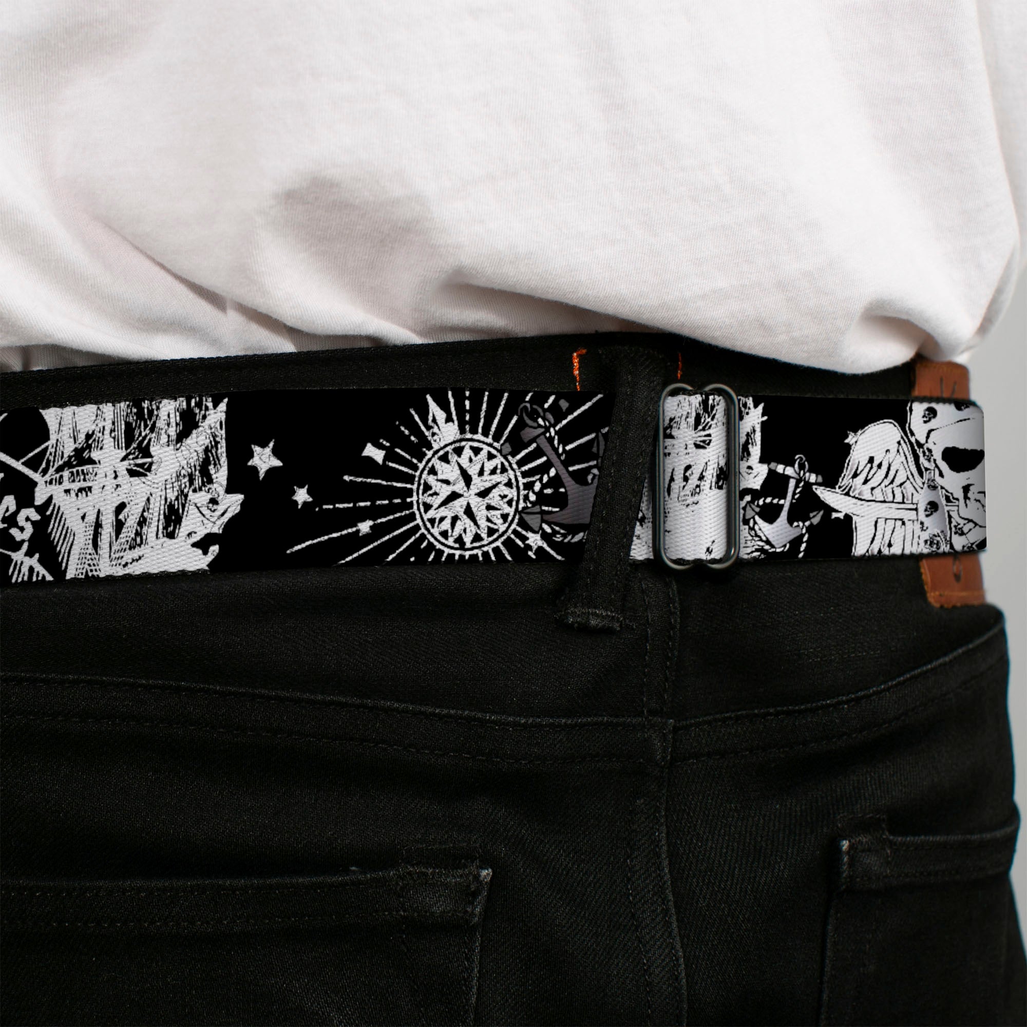 BD Wings Logo CLOSE-UP Full Color Black Silver Seatbelt Belt - Dead Men Tell No Tales Black/White Webbing Seatbelt Belts Buckle-Down