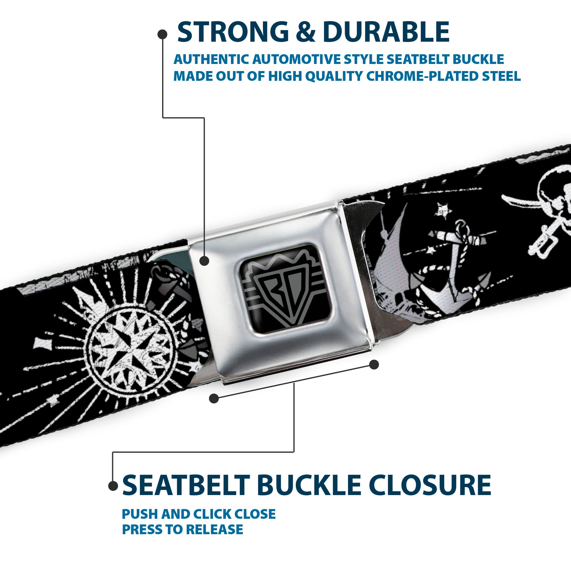 BD Wings Logo CLOSE-UP Full Color Black Silver Seatbelt Belt - Dead Men Tell No Tales Black/White Webbing Seatbelt Belts Buckle-Down