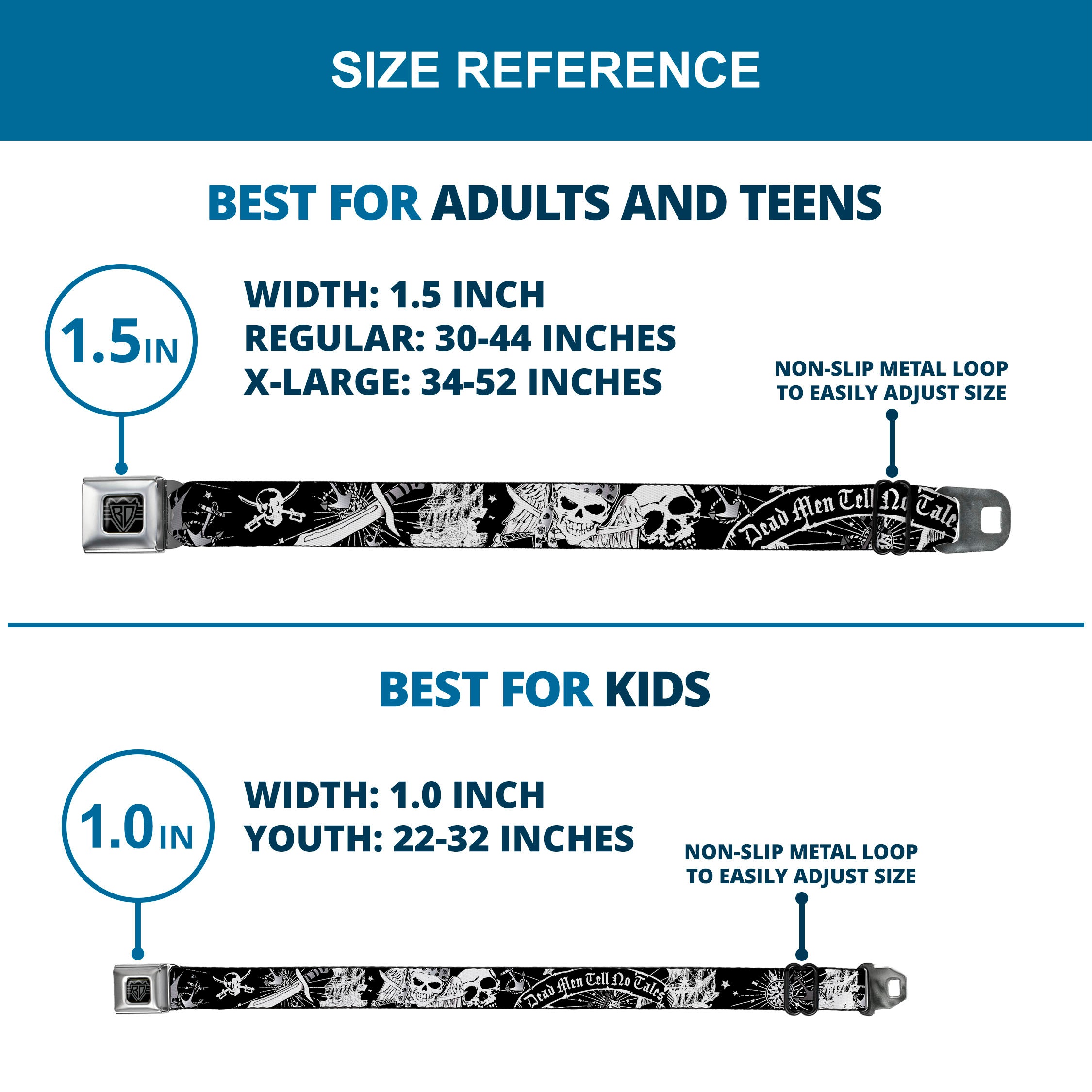 BD Wings Logo CLOSE-UP Full Color Black Silver Seatbelt Belt - Dead Men Tell No Tales Black/White Webbing Seatbelt Belts Buckle-Down