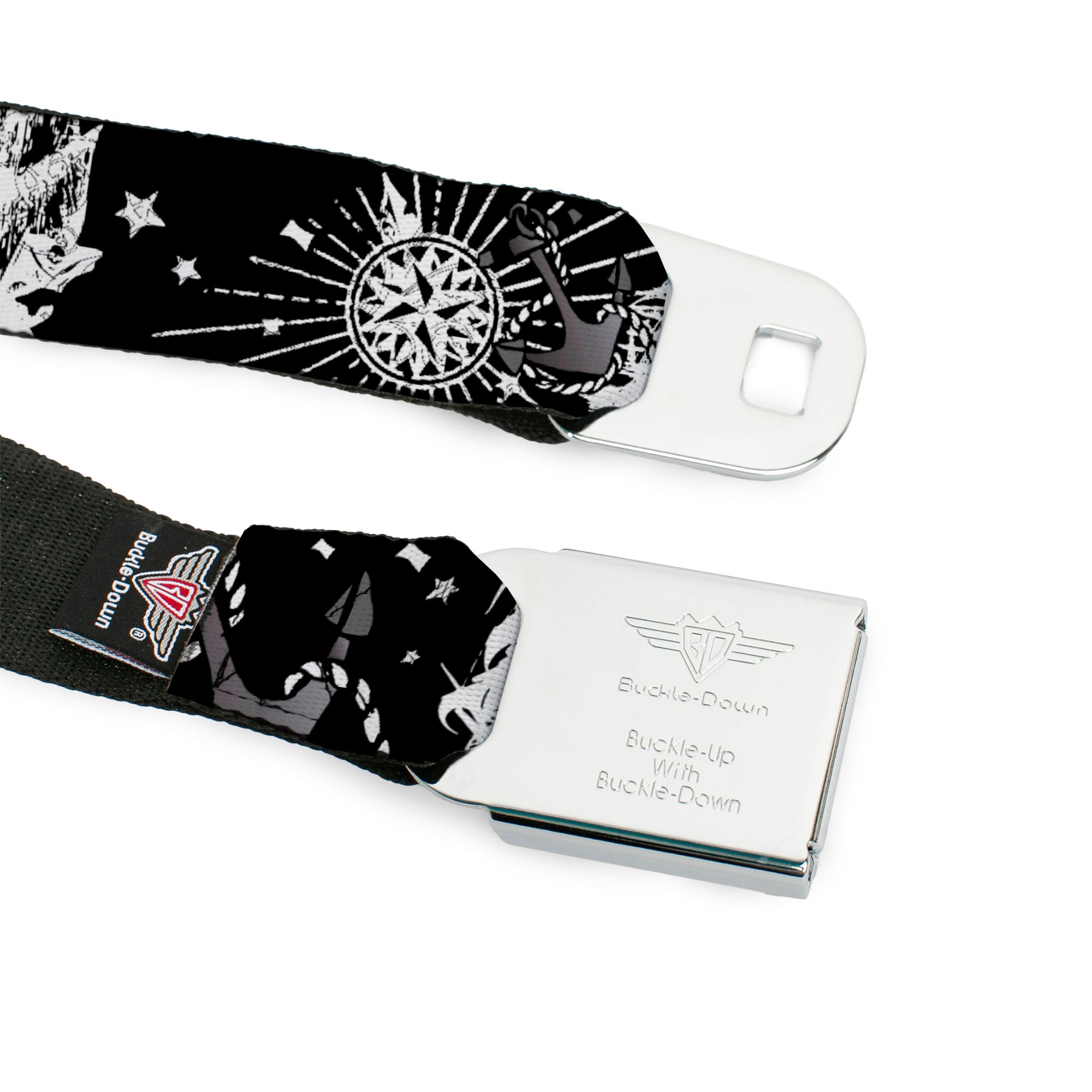 BD Wings Logo CLOSE-UP Full Color Black Silver Seatbelt Belt - Dead Men Tell No Tales Black/White Webbing Seatbelt Belts Buckle-Down