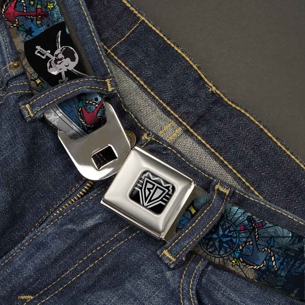 BD Wings Logo CLOSE-UP Full Color Black Silver Seatbelt Belt - Dead Men Tell No Tales CLOSE-UP Turquoise Webbing Seatbelt Belts Buckle-Down