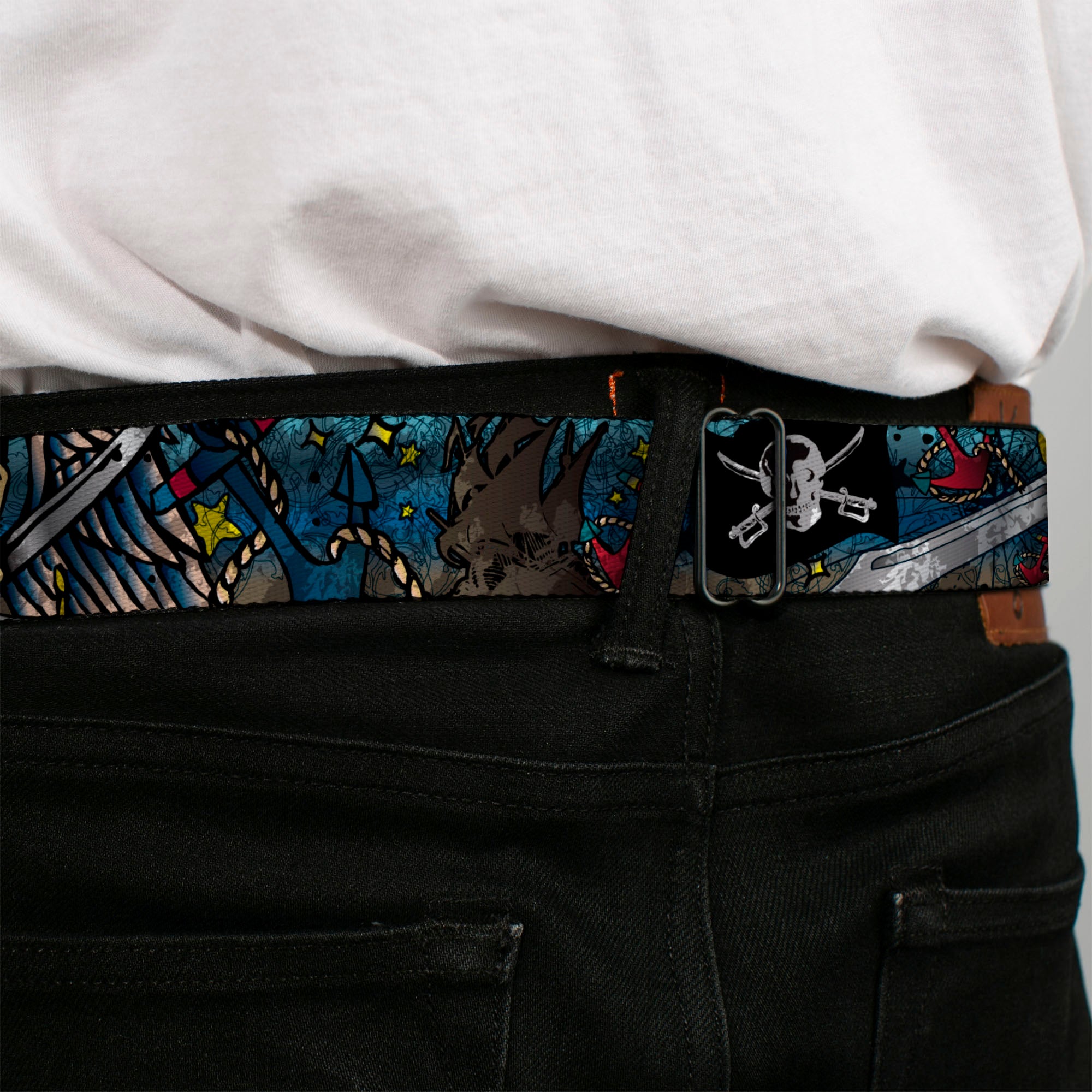 BD Wings Logo CLOSE-UP Full Color Black Silver Seatbelt Belt - Dead Men Tell No Tales CLOSE-UP Turquoise Webbing Seatbelt Belts Buckle-Down