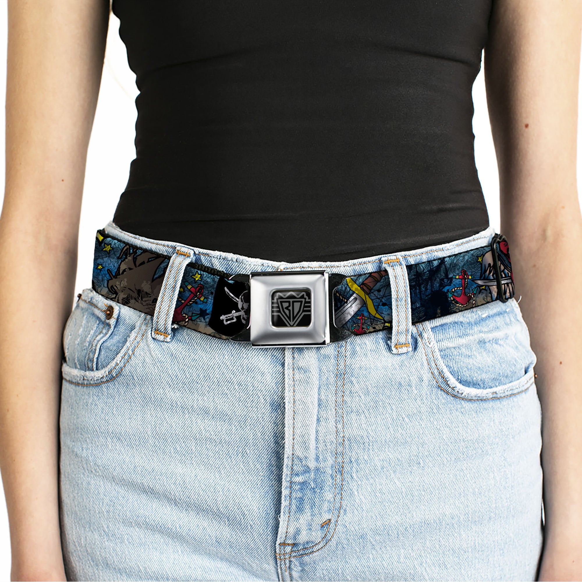 BD Wings Logo CLOSE-UP Full Color Black Silver Seatbelt Belt - Dead Men Tell No Tales CLOSE-UP Turquoise Webbing Seatbelt Belts Buckle-Down