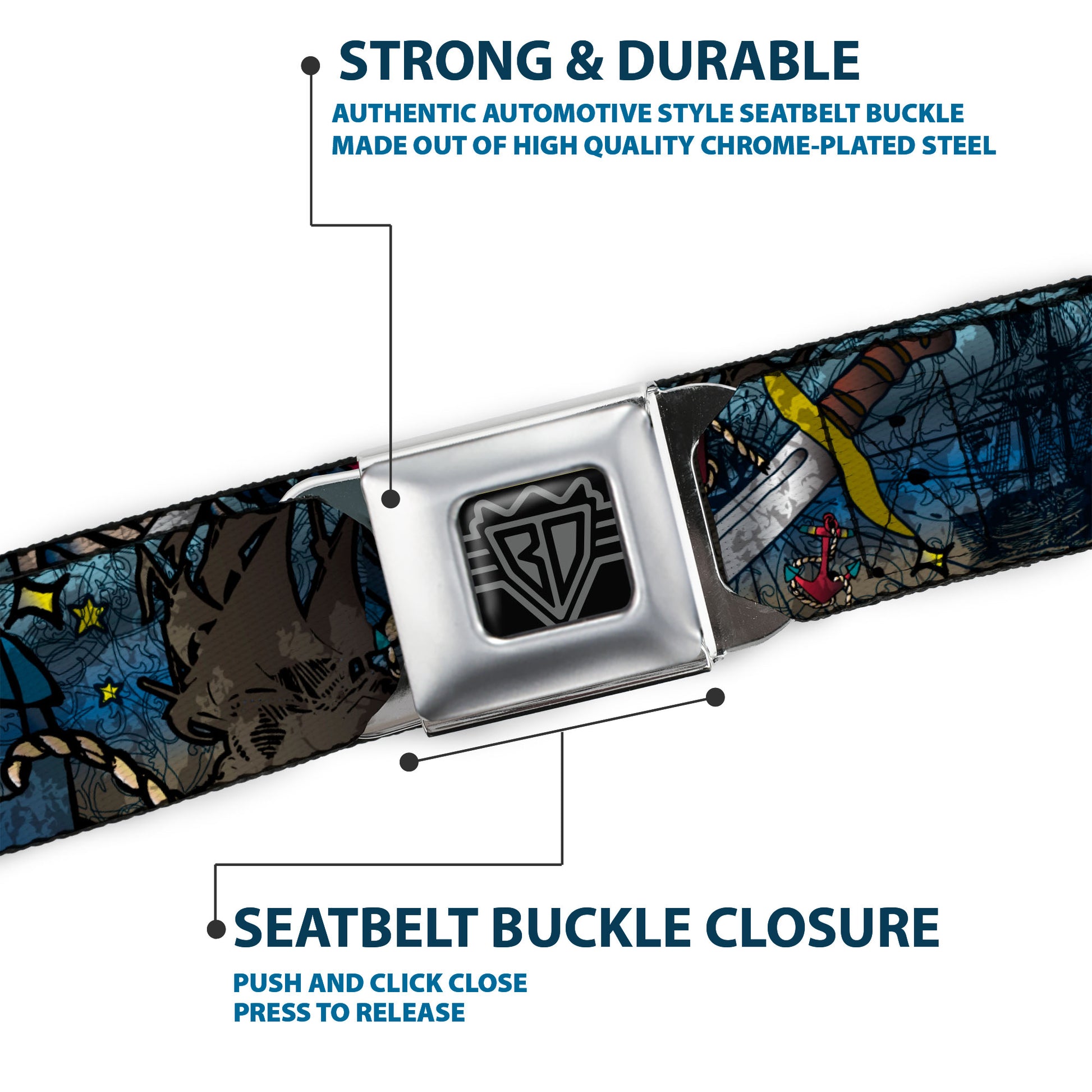 BD Wings Logo CLOSE-UP Full Color Black Silver Seatbelt Belt - Dead Men Tell No Tales CLOSE-UP Turquoise Webbing Seatbelt Belts Buckle-Down