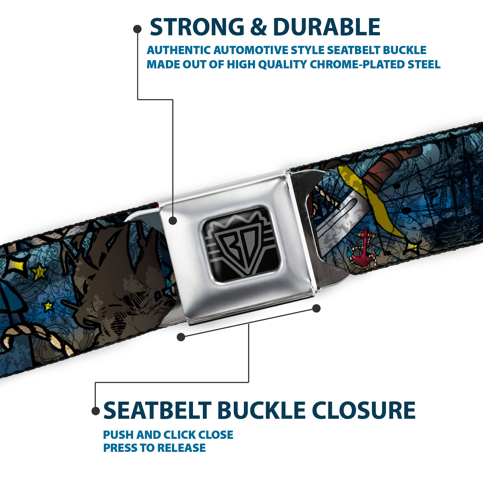 BD Wings Logo CLOSE-UP Full Color Black Silver Seatbelt Belt - Dead Men Tell No Tales CLOSE-UP Turquoise Webbing Seatbelt Belts Buckle-Down