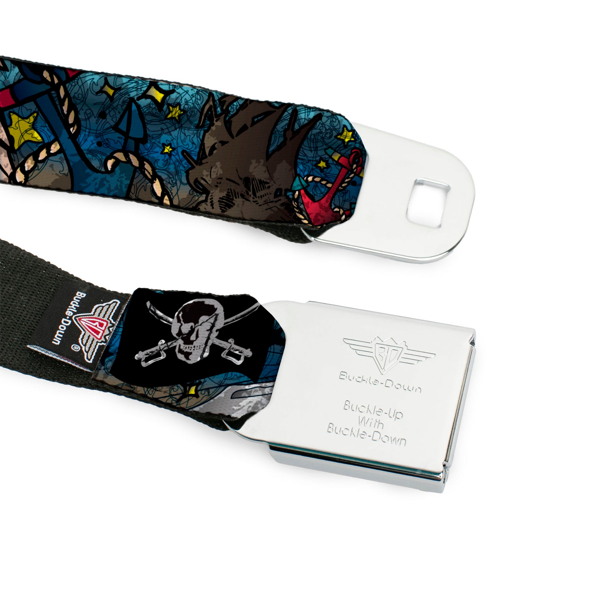 BD Wings Logo CLOSE-UP Full Color Black Silver Seatbelt Belt - Dead Men Tell No Tales CLOSE-UP Turquoise Webbing Seatbelt Belts Buckle-Down