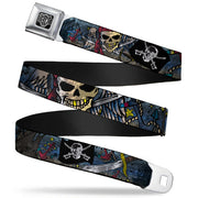 BD Wings Logo CLOSE-UP Full Color Black Silver Seatbelt Belt - Dead Men Tell No Tales CLOSE-UP Turquoise Webbing Seatbelt Belts Buckle-Down