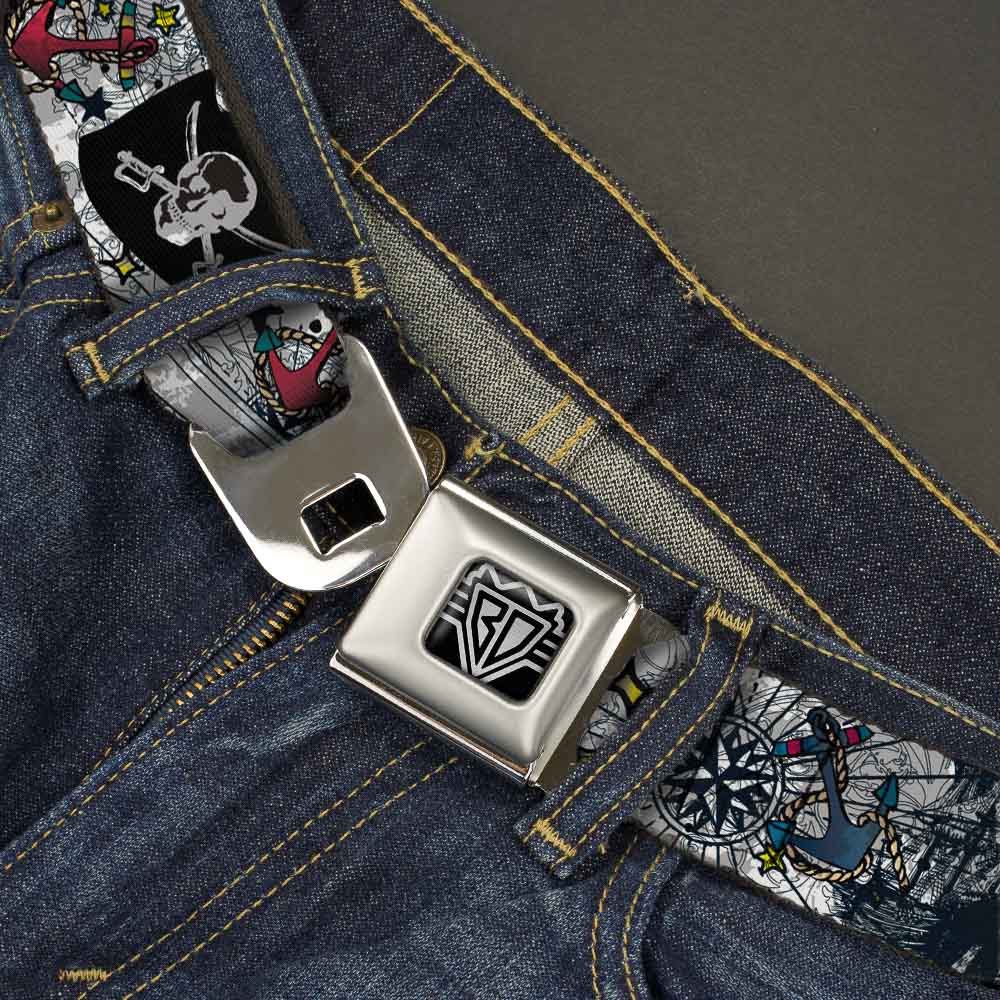 BD Wings Logo CLOSE-UP Full Color Black Silver Seatbelt Belt - Dead Men Tell No Tales CLOSE-UP White Webbing Seatbelt Belts Buckle-Down