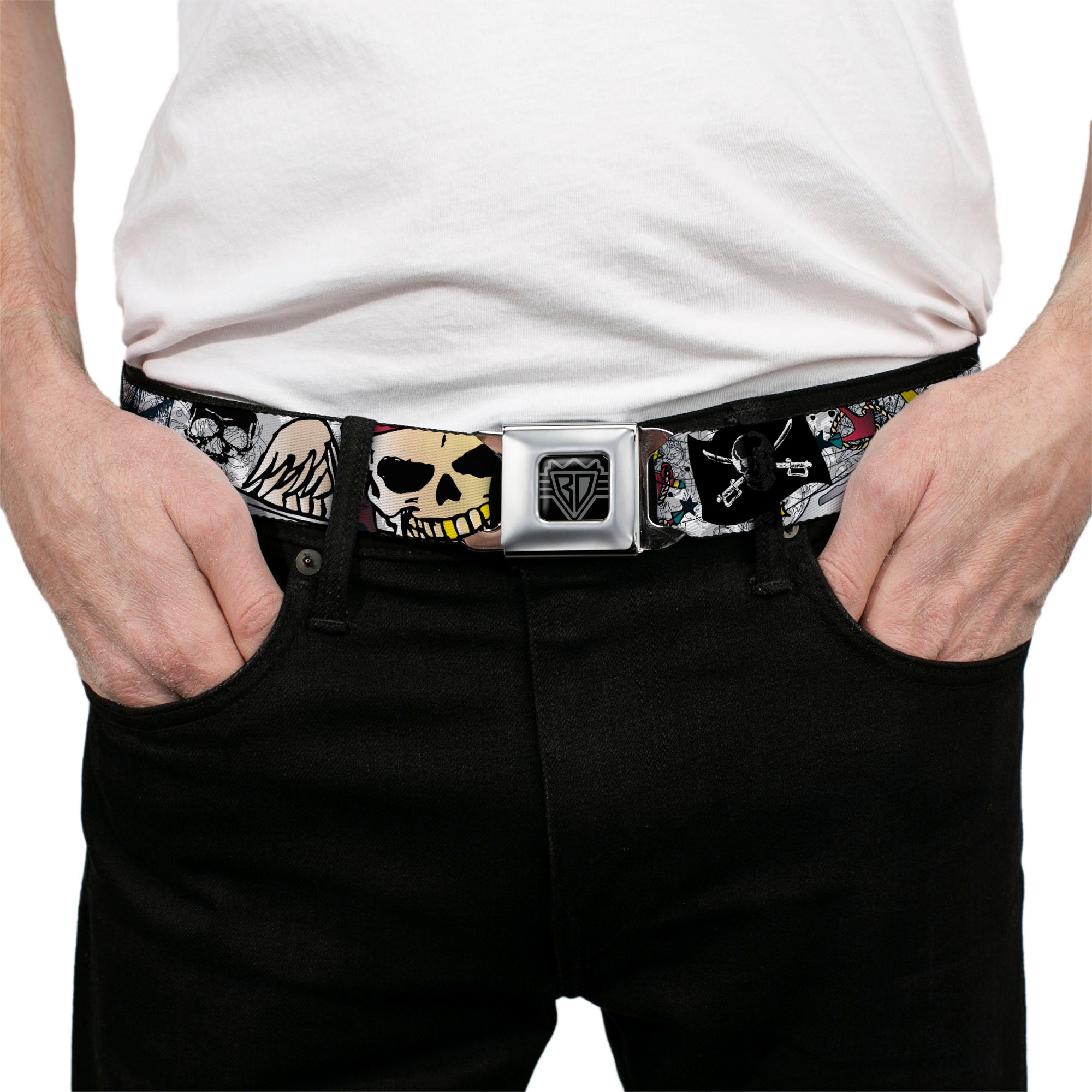 BD Wings Logo CLOSE-UP Full Color Black Silver Seatbelt Belt - Dead Men Tell No Tales CLOSE-UP White Webbing Seatbelt Belts Buckle-Down