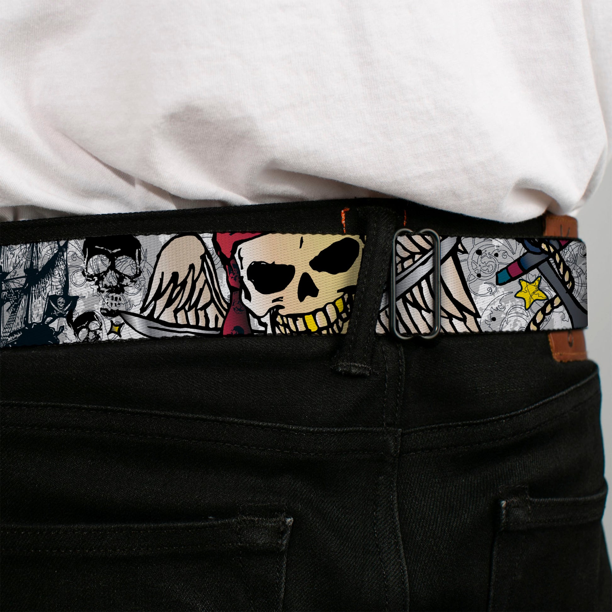 BD Wings Logo CLOSE-UP Full Color Black Silver Seatbelt Belt - Dead Men Tell No Tales CLOSE-UP White Webbing Seatbelt Belts Buckle-Down