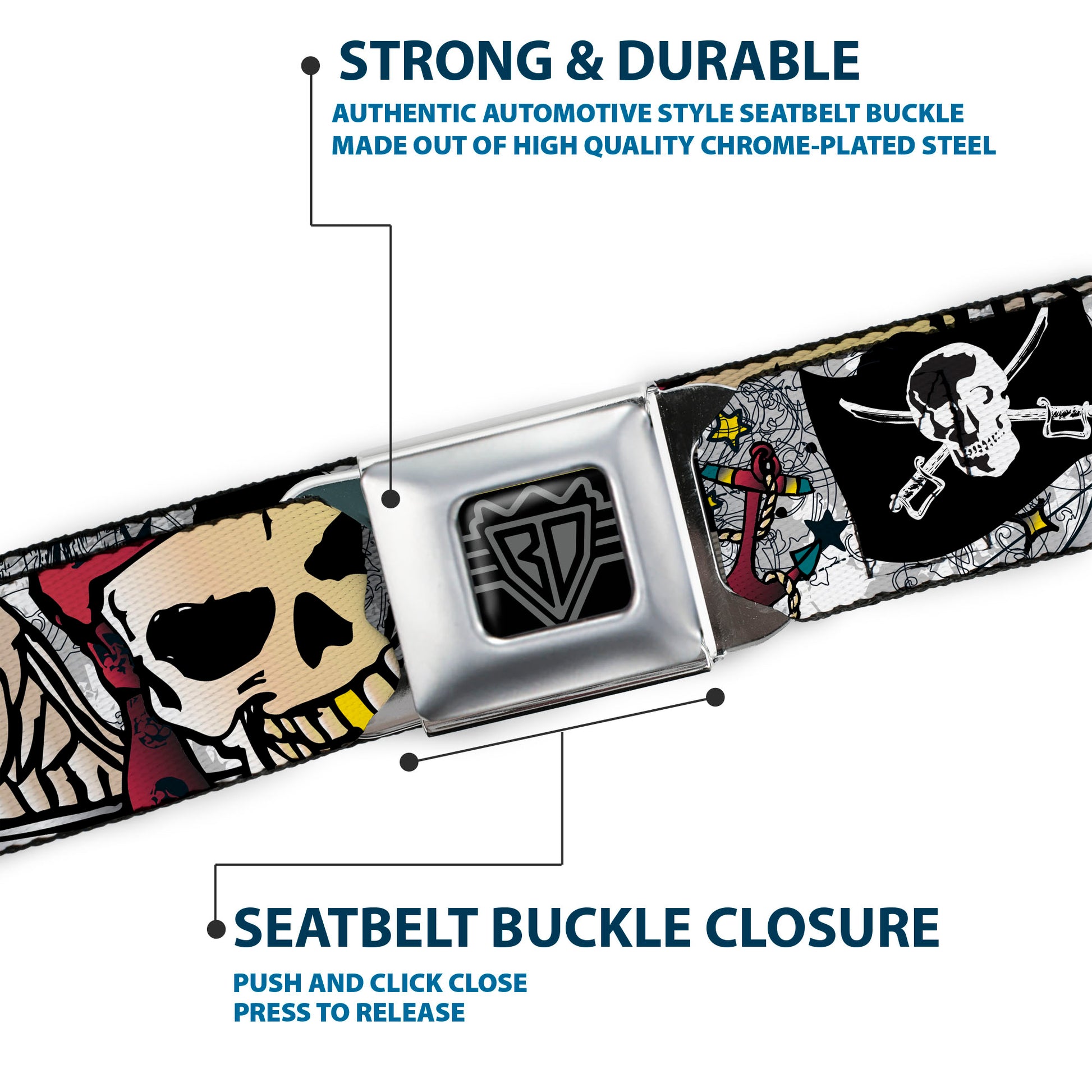 BD Wings Logo CLOSE-UP Full Color Black Silver Seatbelt Belt - Dead Men Tell No Tales CLOSE-UP White Webbing Seatbelt Belts Buckle-Down