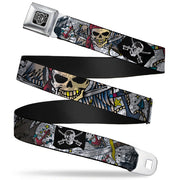 BD Wings Logo CLOSE-UP Full Color Black Silver Seatbelt Belt - Dead Men Tell No Tales CLOSE-UP White Webbing Seatbelt Belts Buckle-Down