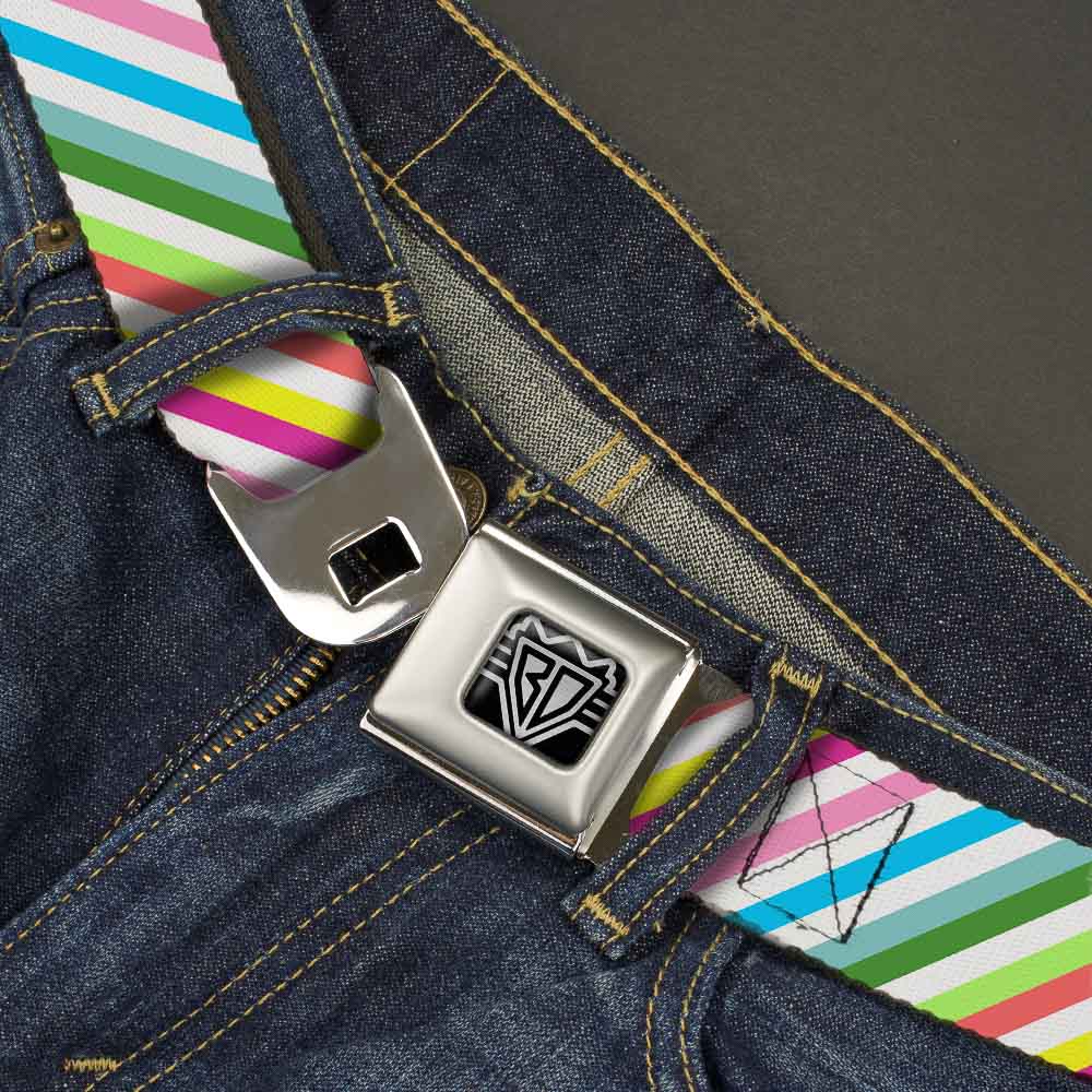 BD Wings Logo CLOSE-UP Full Color Black Silver Seatbelt Belt - Diagonal Stripes White/Multi Color Webbing Seatbelt Belts Buckle-Down