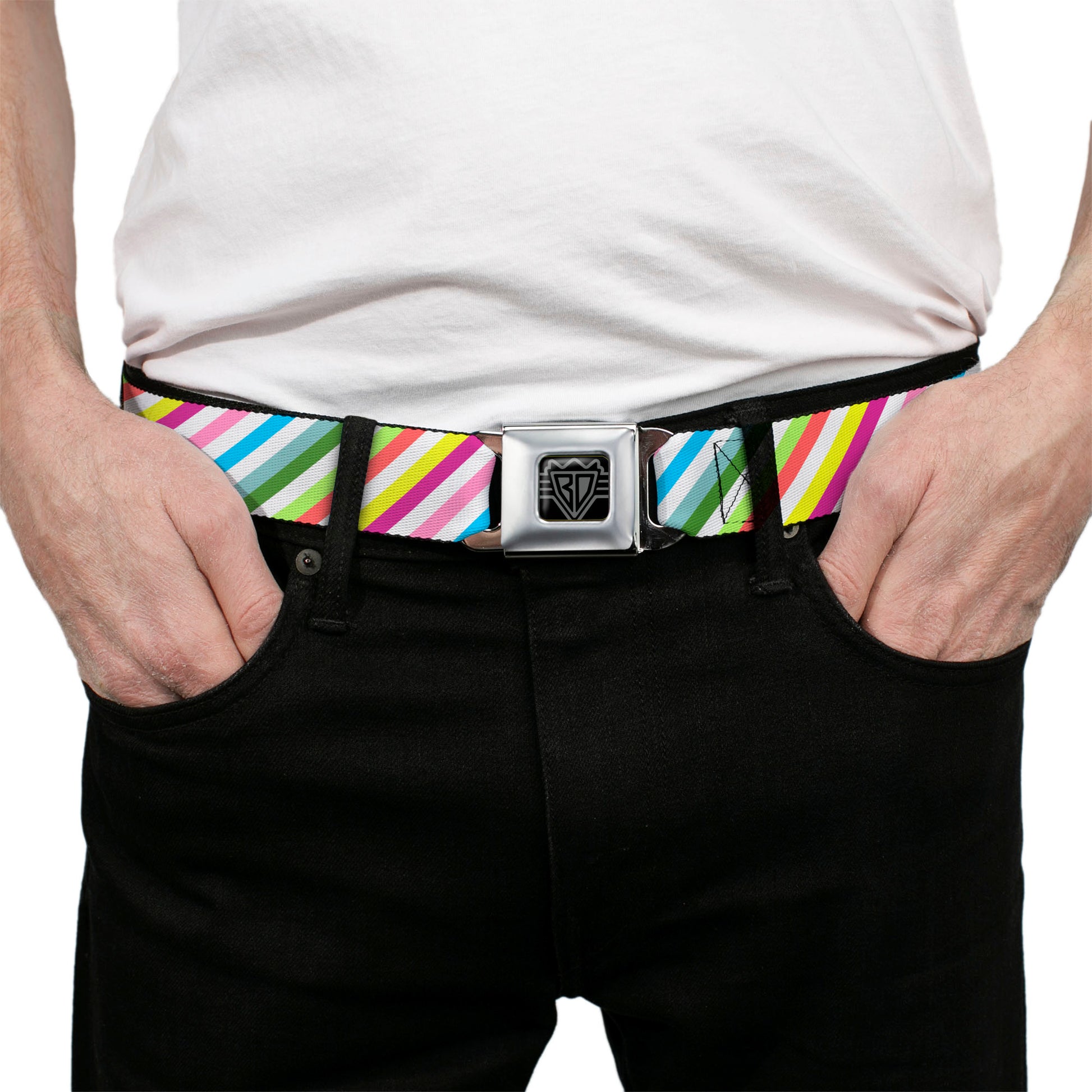 BD Wings Logo CLOSE-UP Full Color Black Silver Seatbelt Belt - Diagonal Stripes White/Multi Color Webbing Seatbelt Belts Buckle-Down