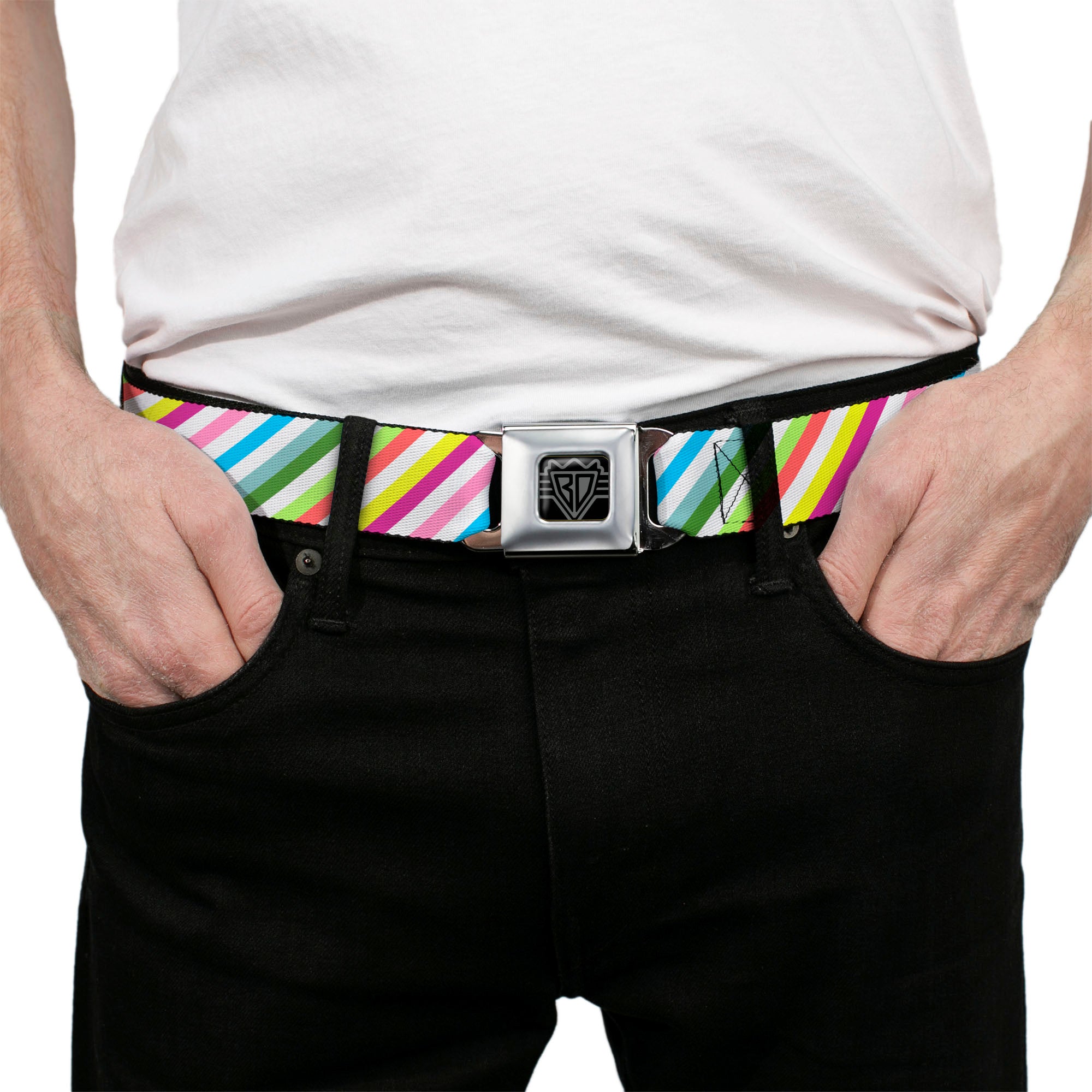 BD Wings Logo CLOSE-UP Full Color Black Silver Seatbelt Belt - Diagonal Stripes White/Multi Color Webbing Seatbelt Belts Buckle-Down