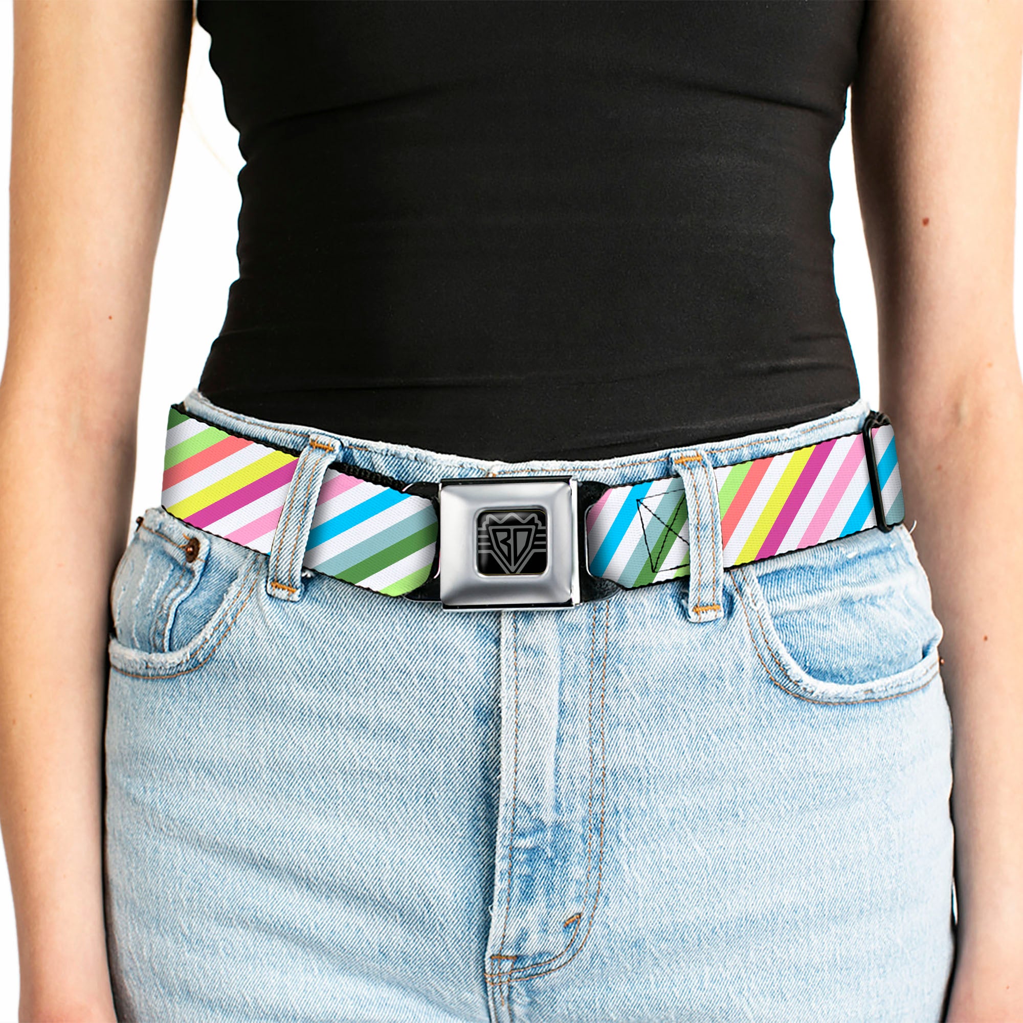 BD Wings Logo CLOSE-UP Full Color Black Silver Seatbelt Belt - Diagonal Stripes White/Multi Color Webbing Seatbelt Belts Buckle-Down